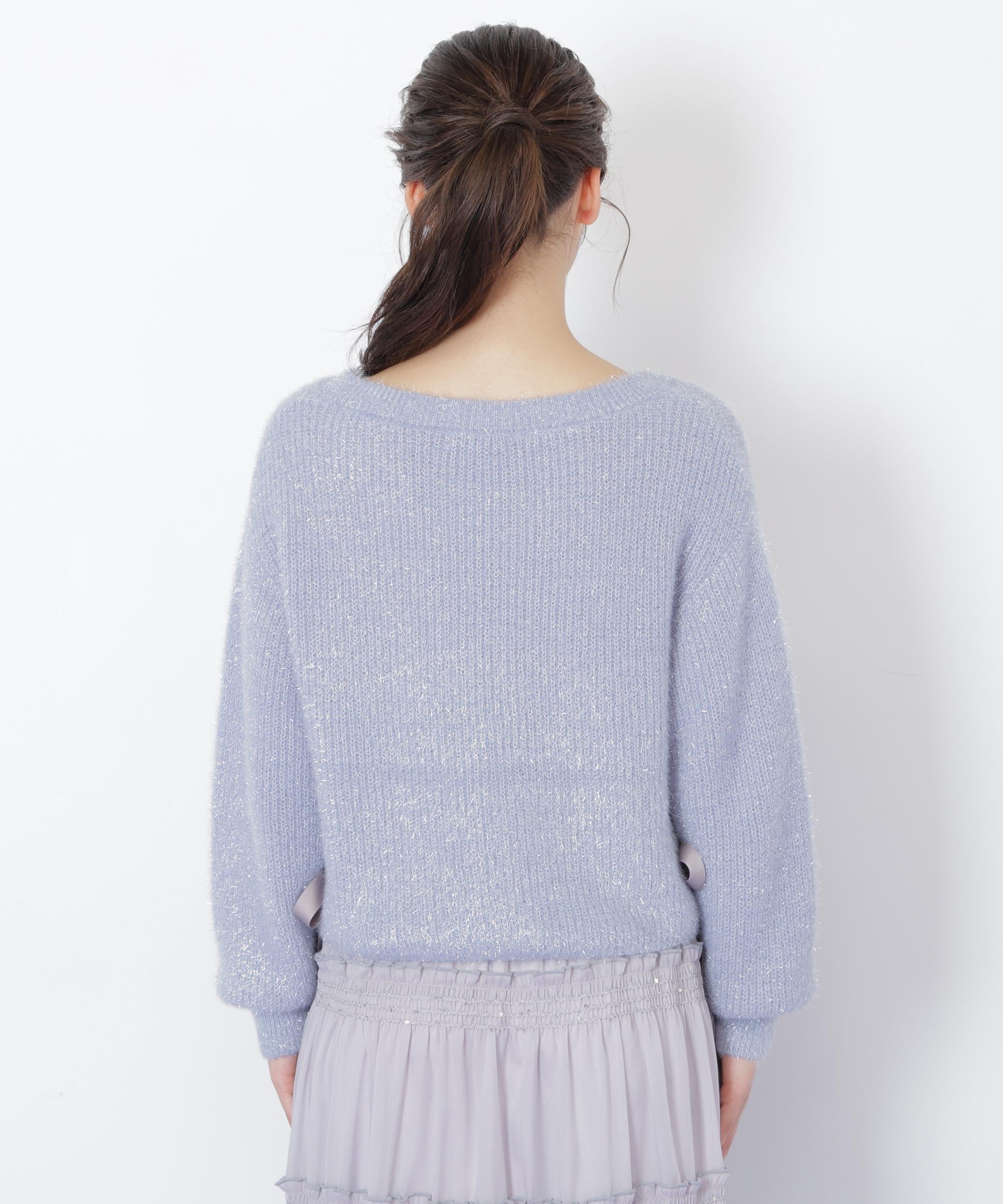 サイドリボンフィルムフェザーニット ブルー