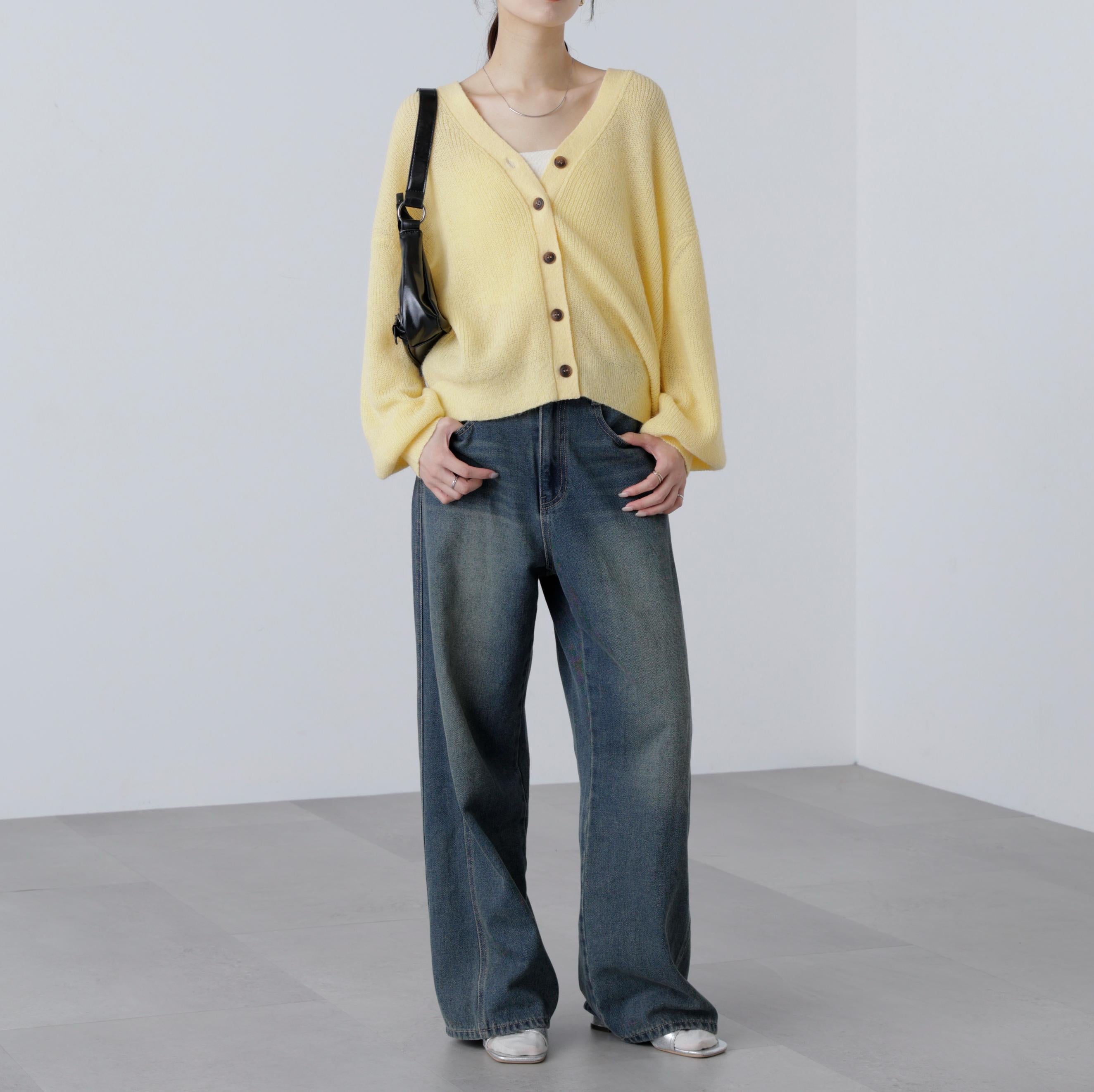 5GモヘヤタッチVネックカーディガン イエロー