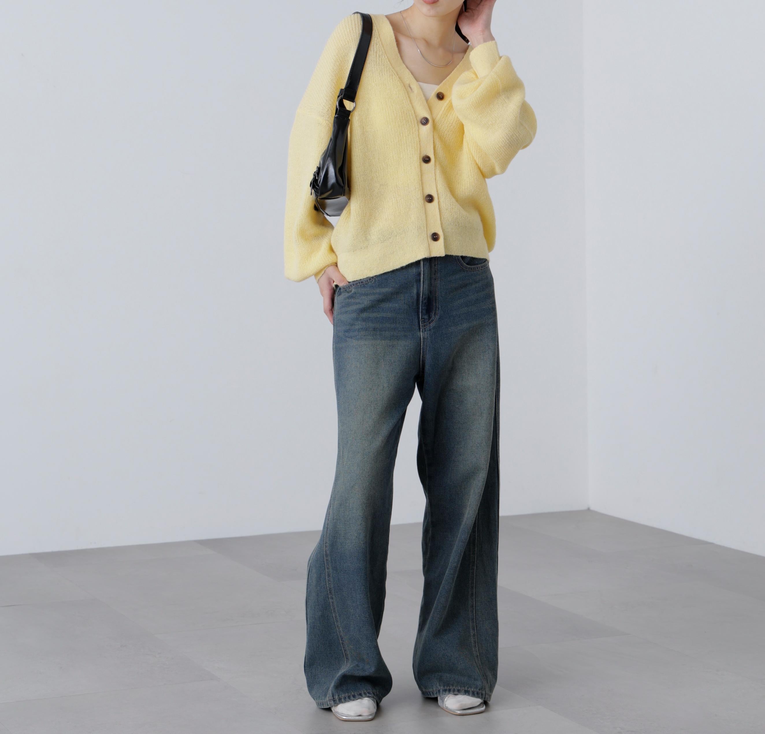 5GモヘヤタッチVネックカーディガン イエロー