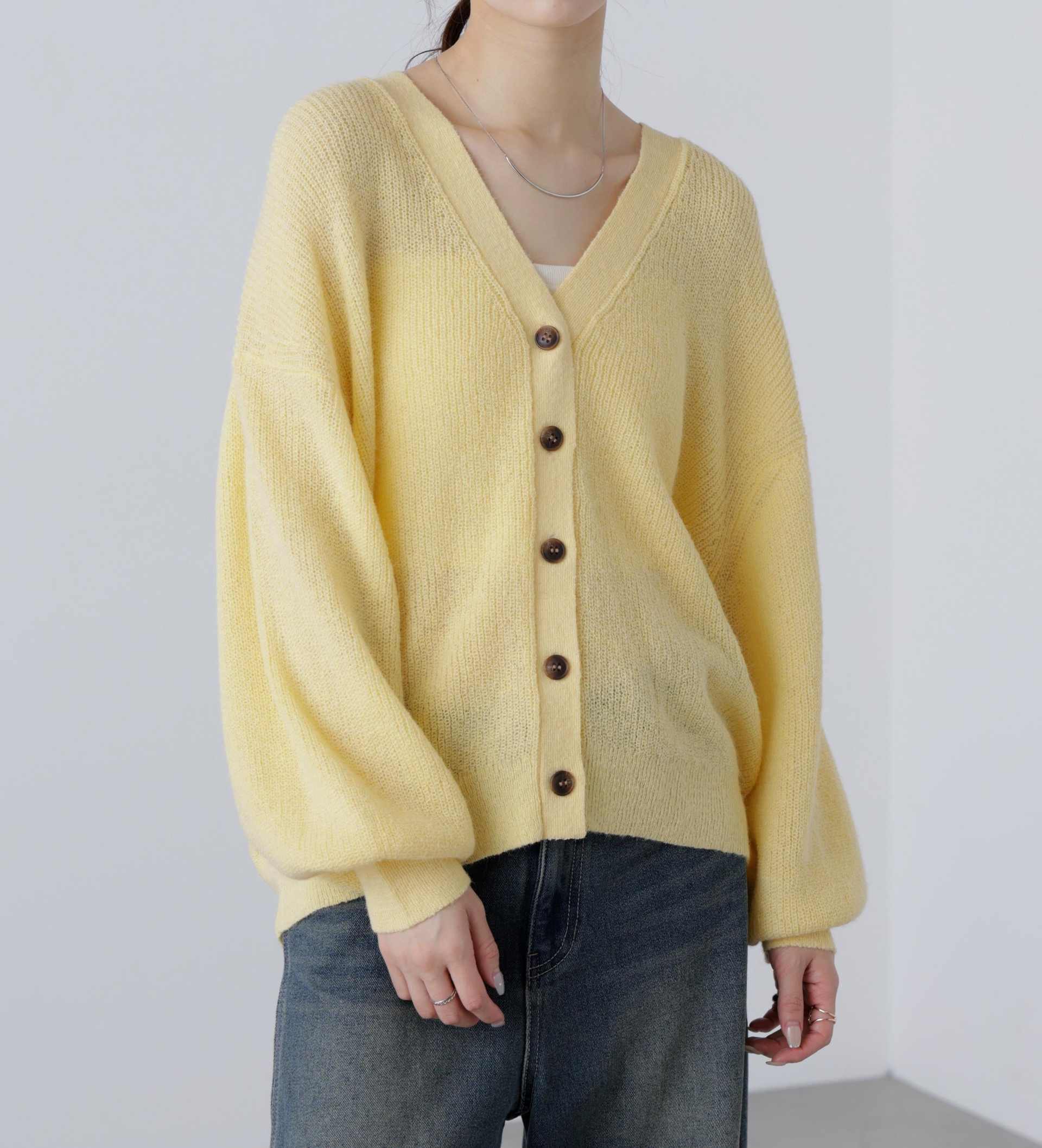 5GモヘヤタッチVネックカーディガン イエロー