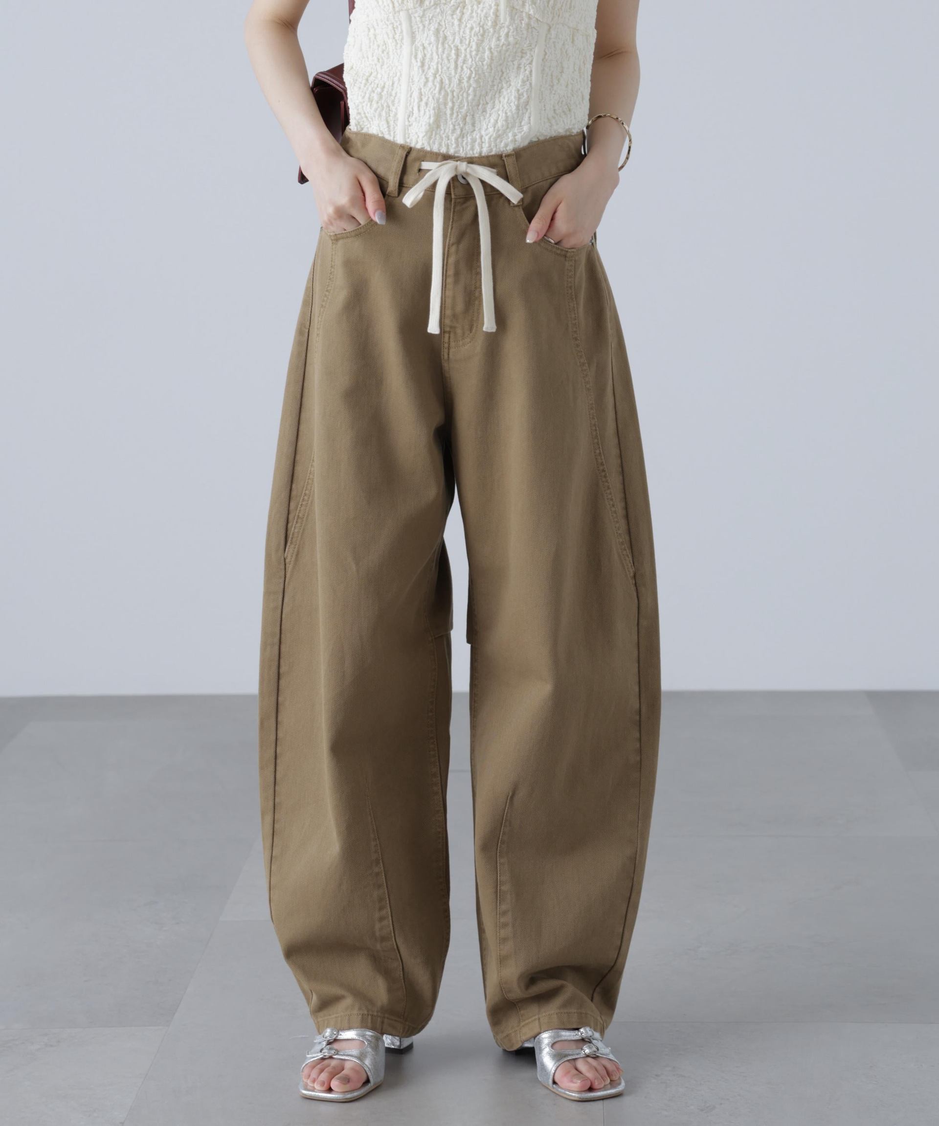 ドロストバレルレッグデニムパンツ キャメル
