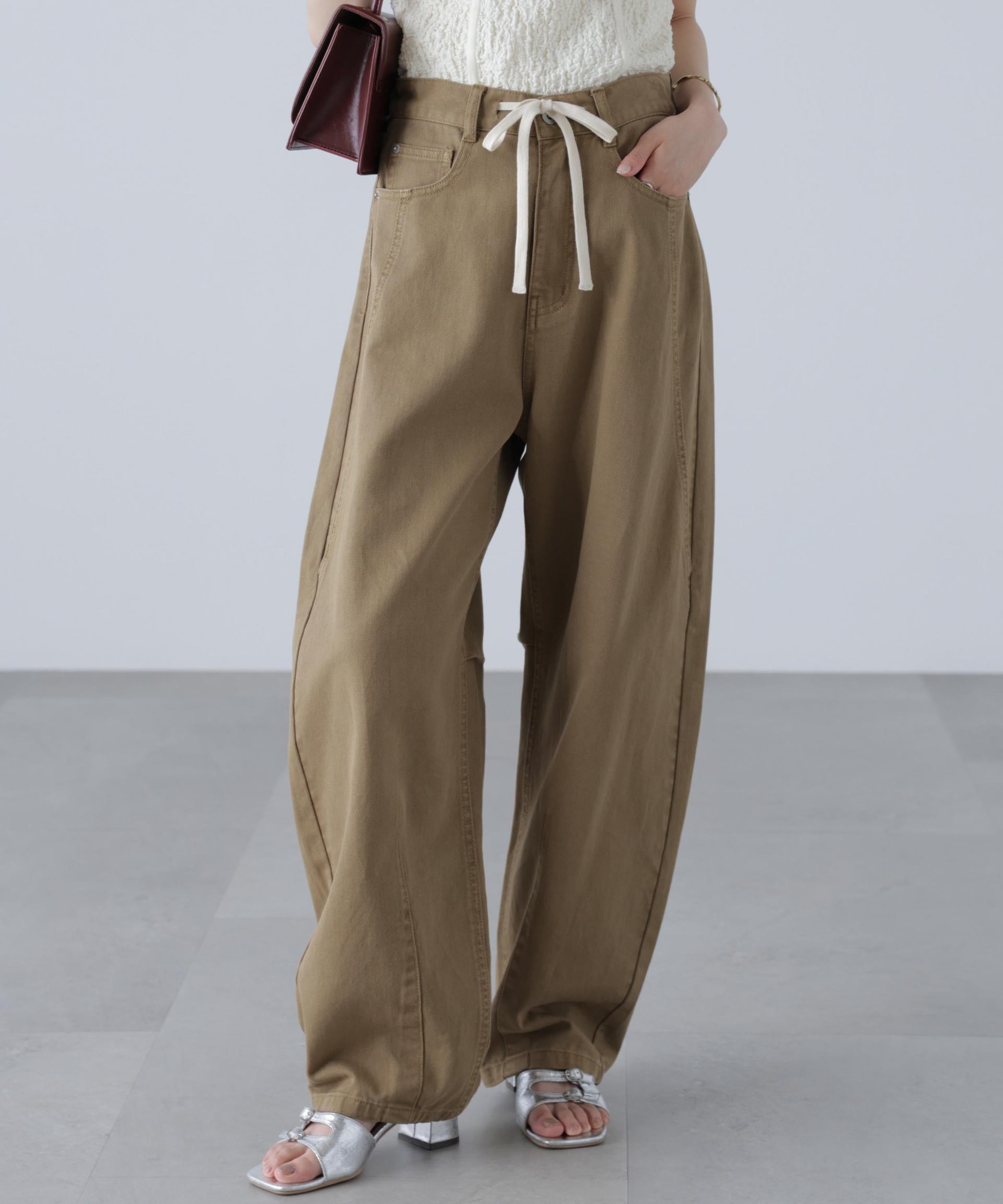 ドロストバレルレッグデニムパンツ キャメル