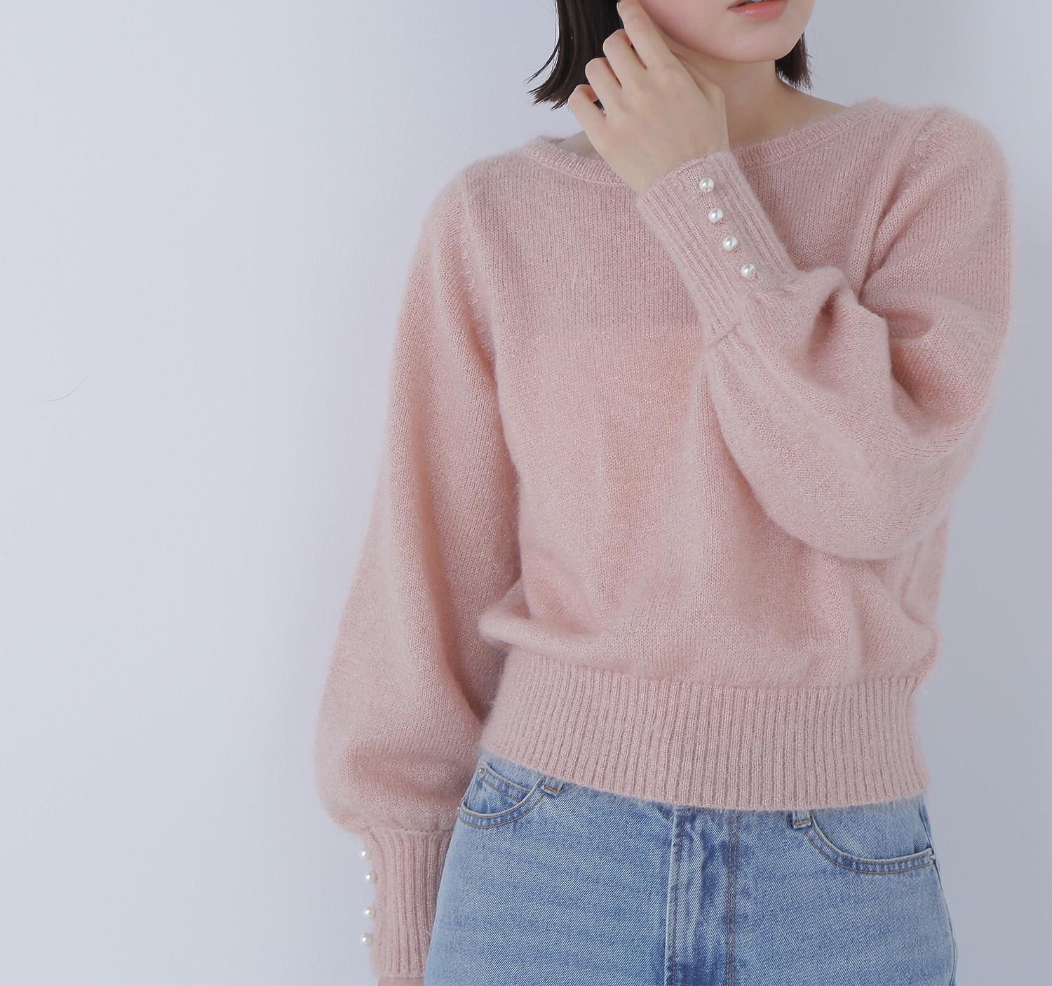 パールボタンヘアリーニット ニュアンスピンク