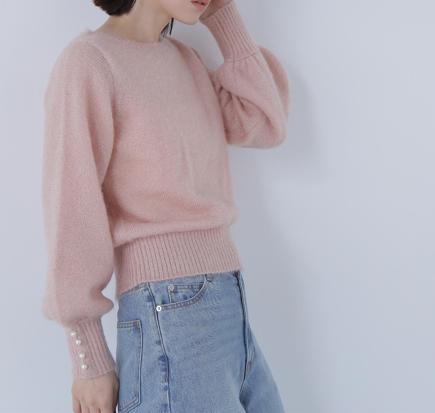 パールボタンヘアリーニット ニュアンスピンク