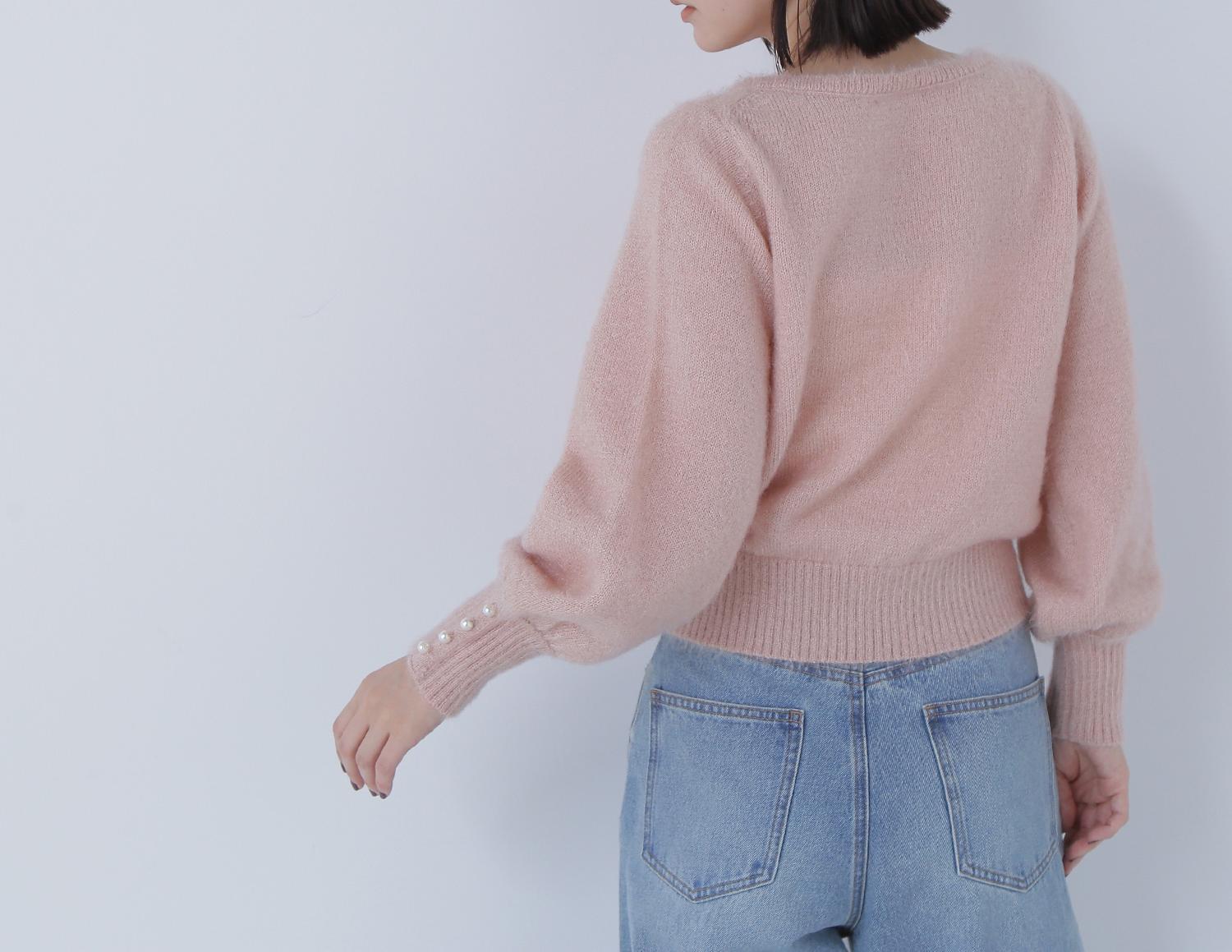 パールボタンヘアリーニット ニュアンスピンク