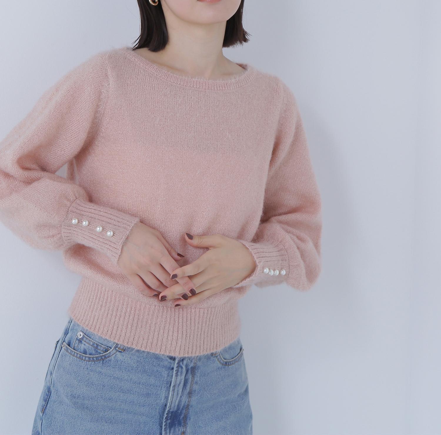 パールボタンヘアリーニット ニュアンスピンク