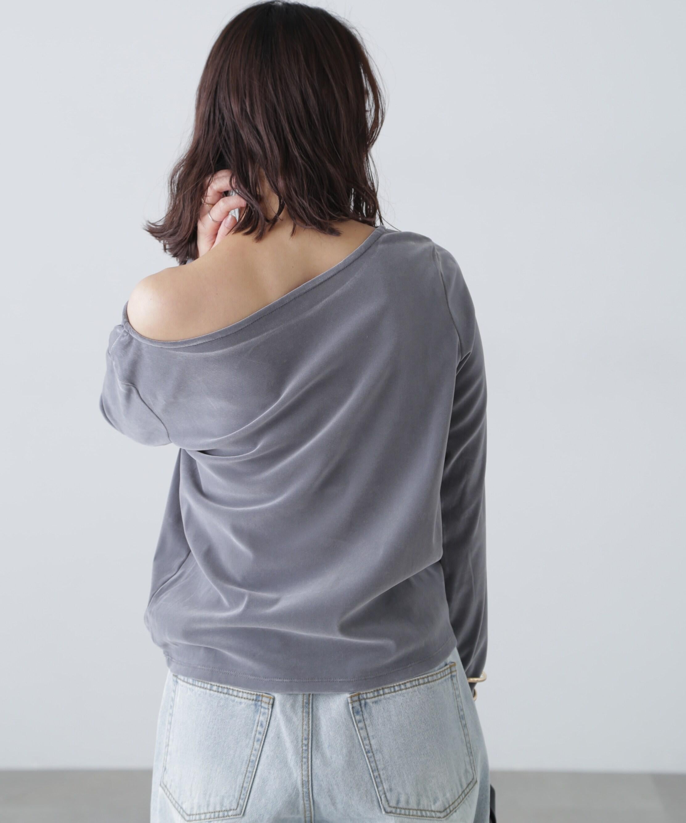 ［MFM］オープンネックフロッキーカットソー グレー
