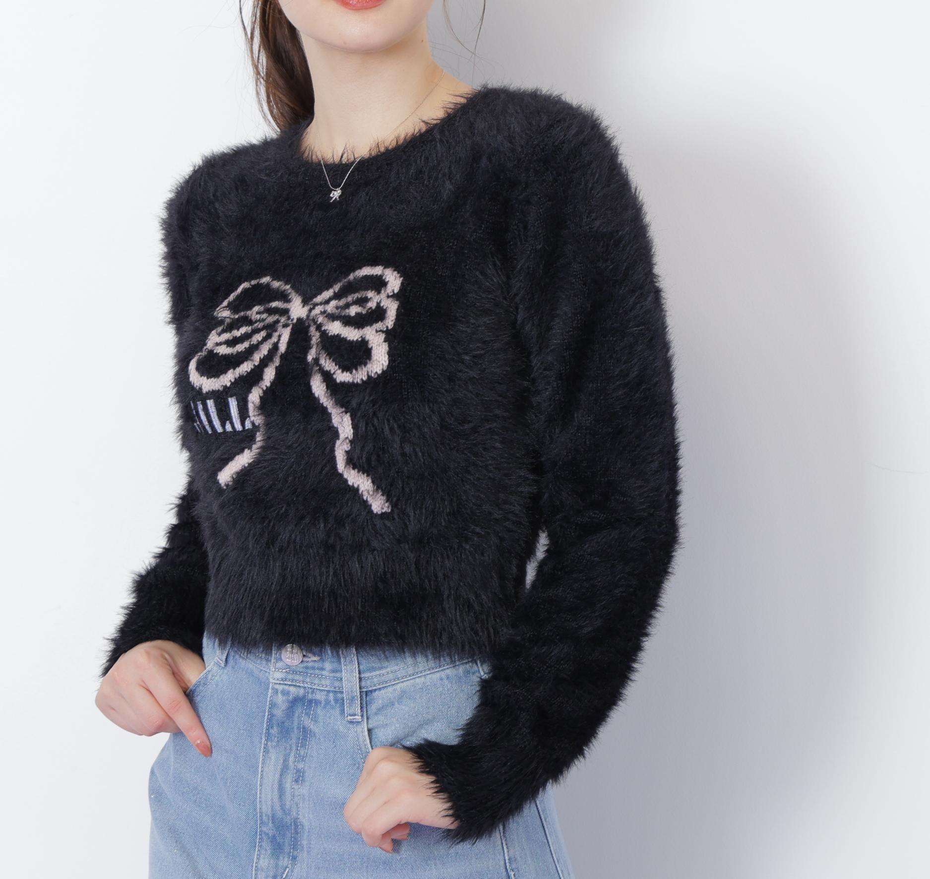 フェザーリボンジャガードニット ブラック