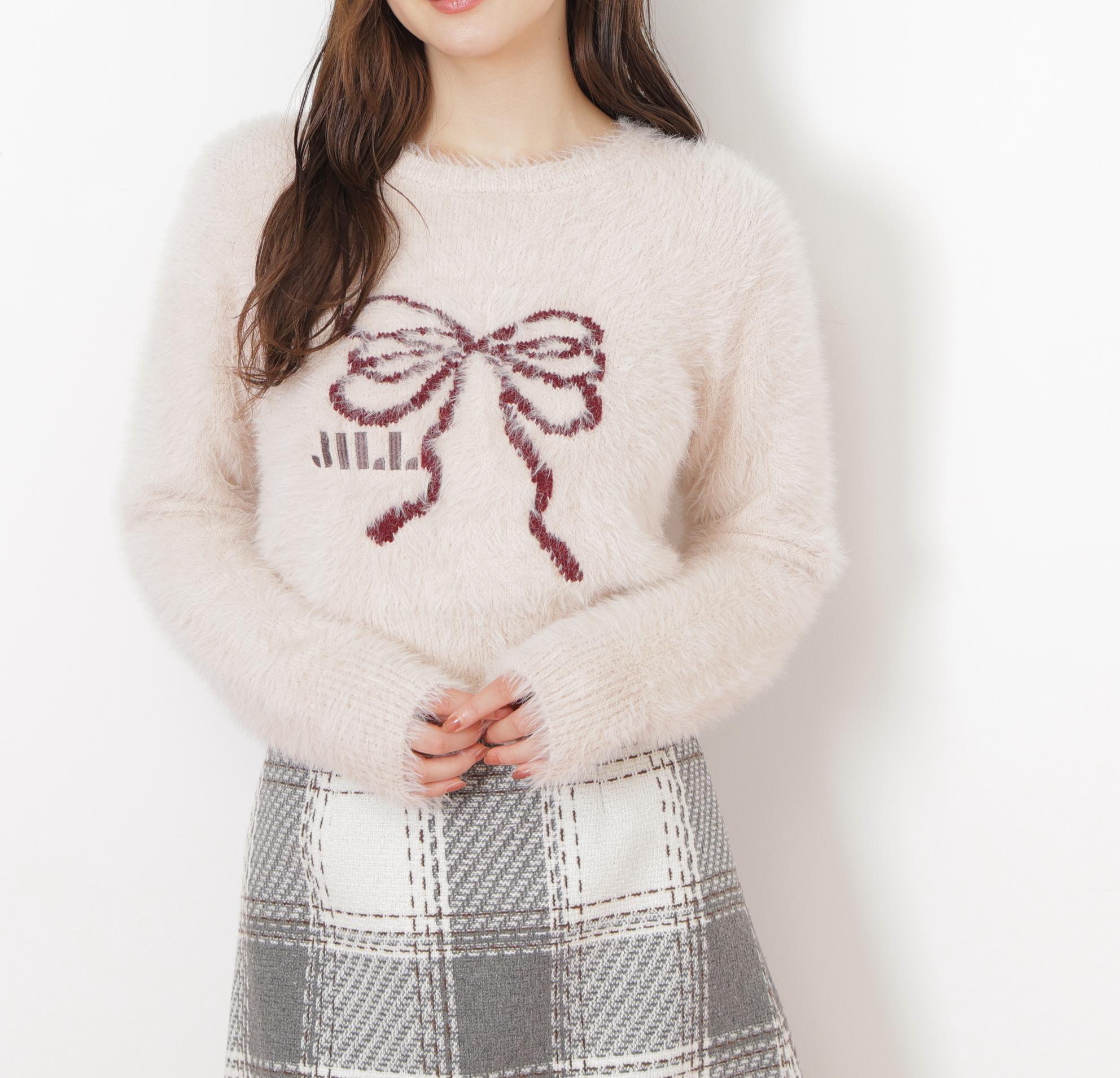 フェザーリボンジャガードニット ピンク