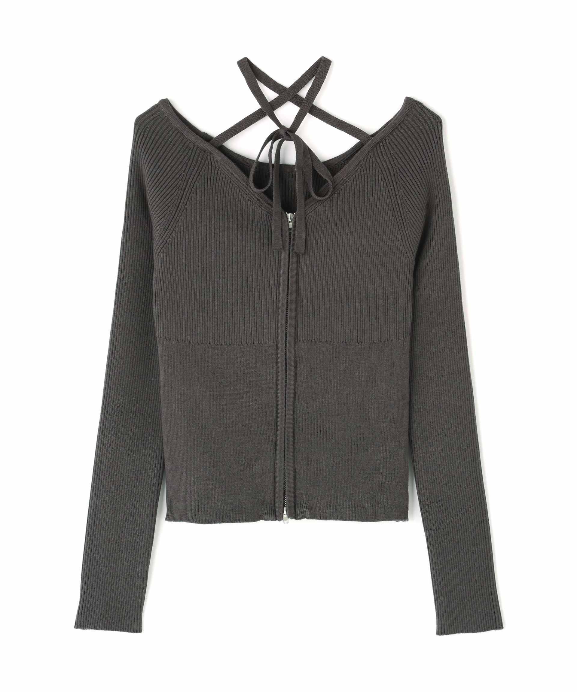 ジップアップオフショルダーリブニット スミクロ