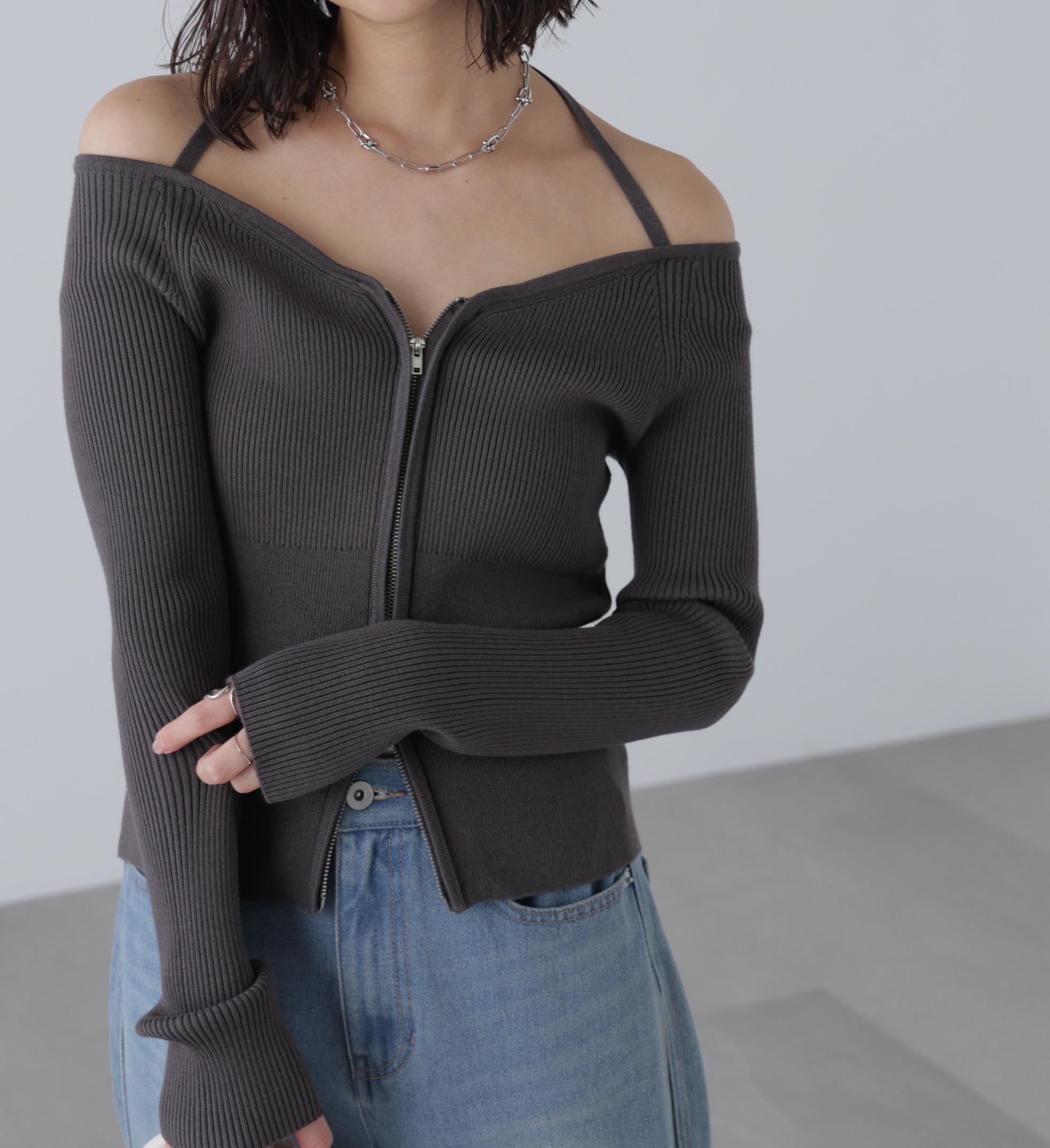 ジップアップオフショルダーリブニット スミクロ
