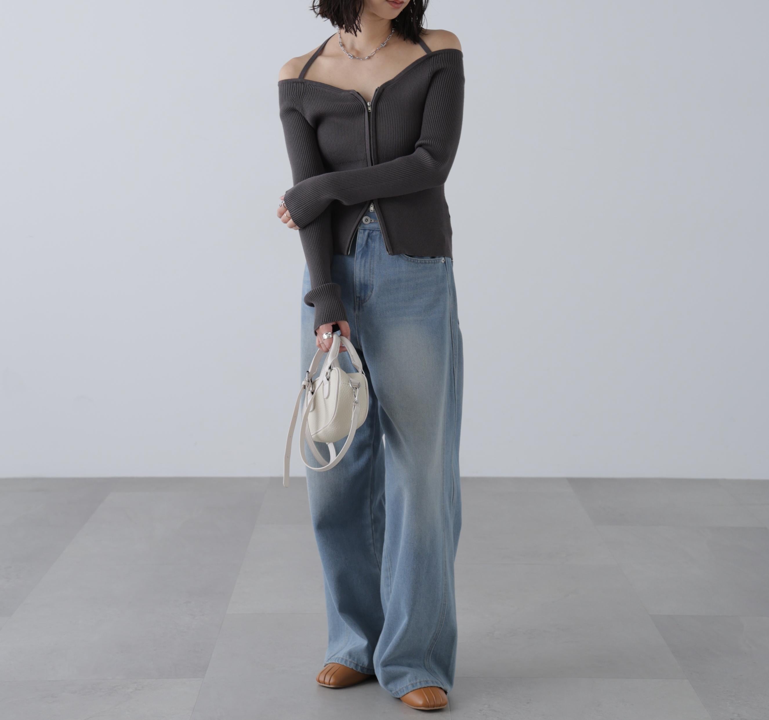 ジップアップオフショルダーリブニット スミクロ