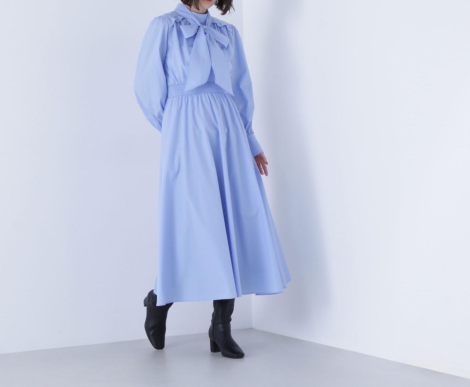 2wayボウタイギャザーワンピース ブルー
