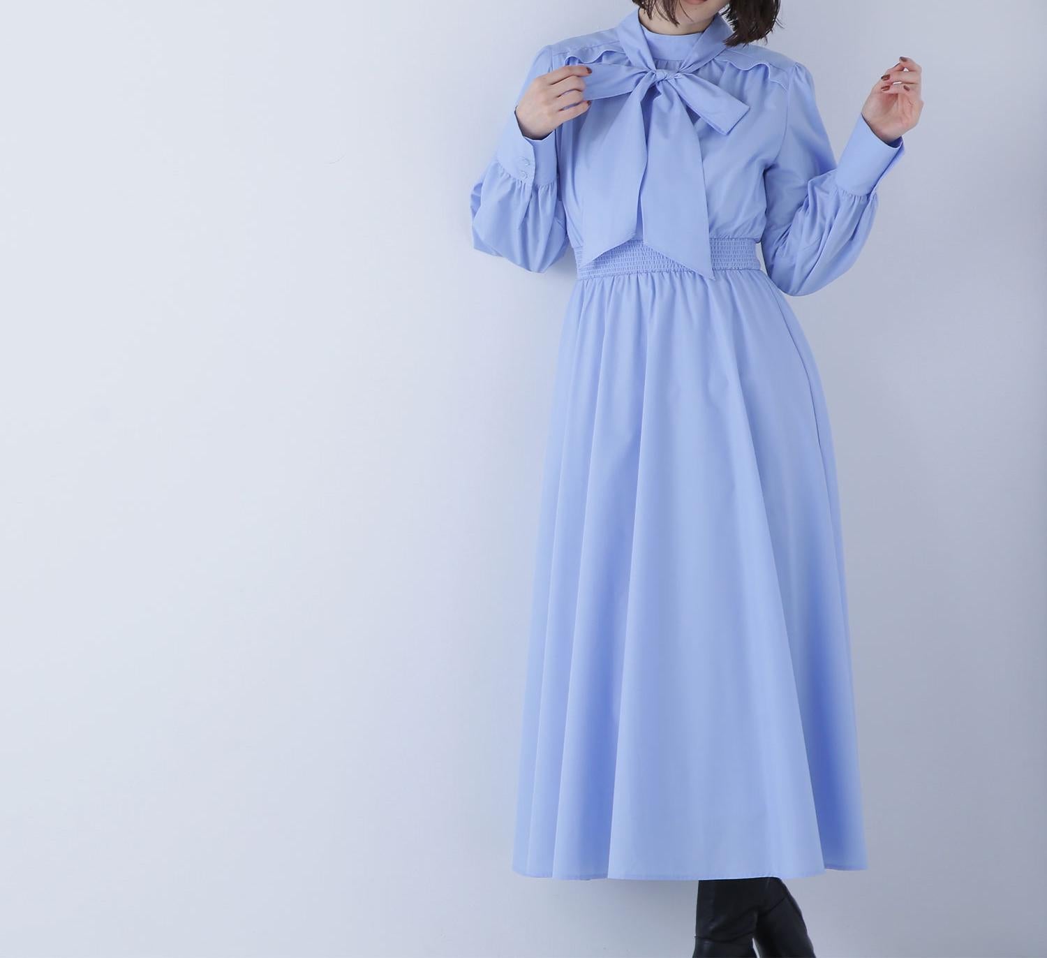 2wayボウタイギャザーワンピース ブルー