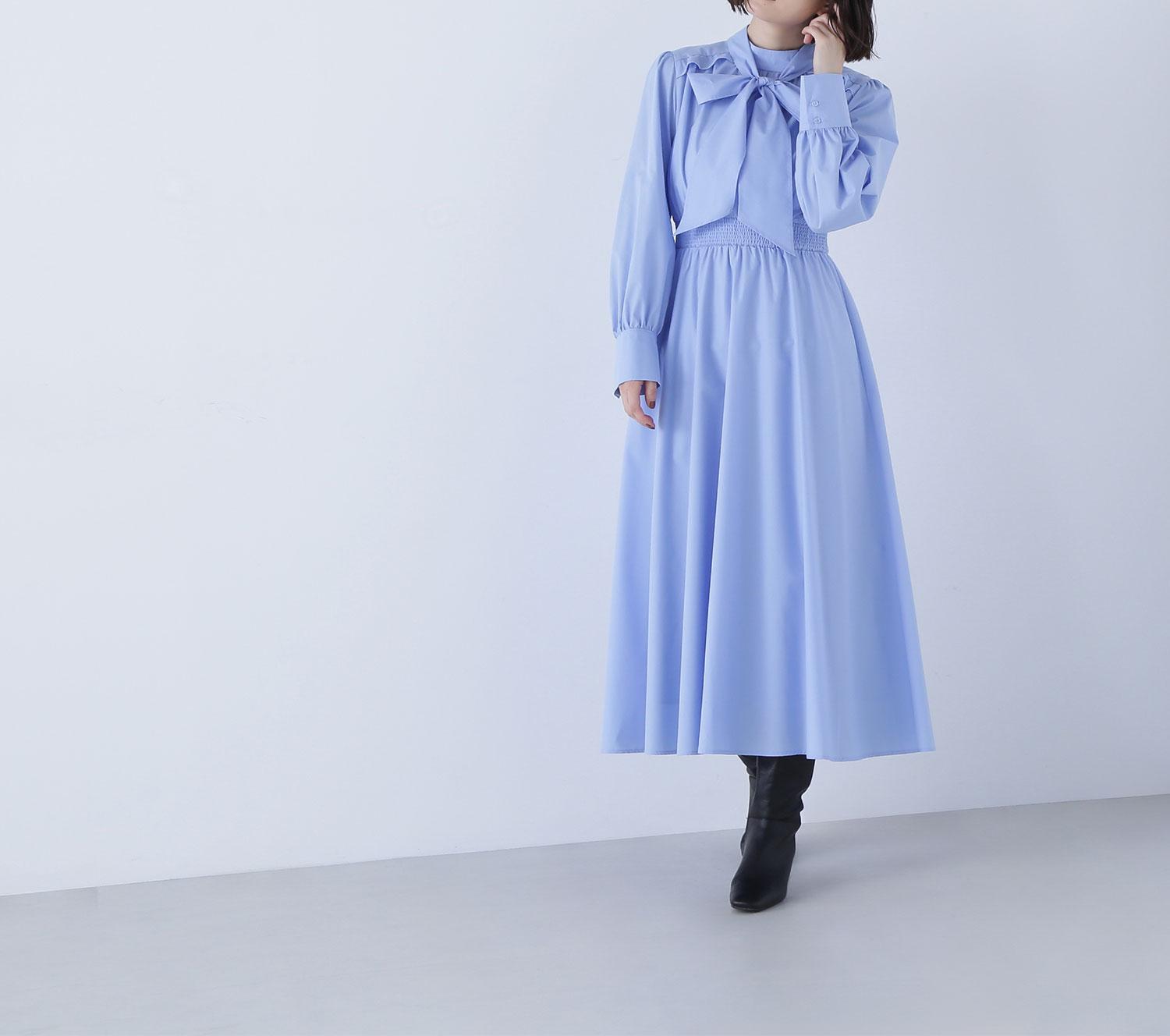 2wayボウタイギャザーワンピース ブルー