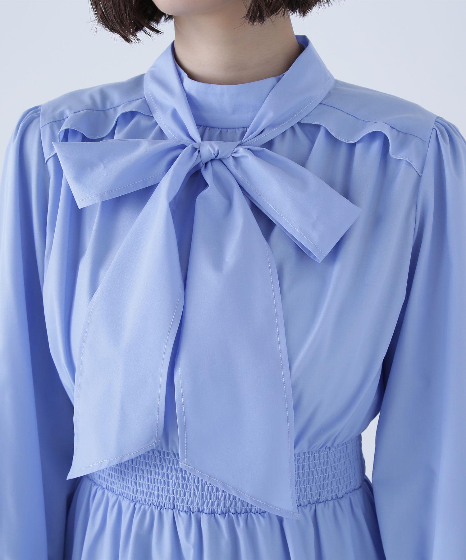 2wayボウタイギャザーワンピース ブルー