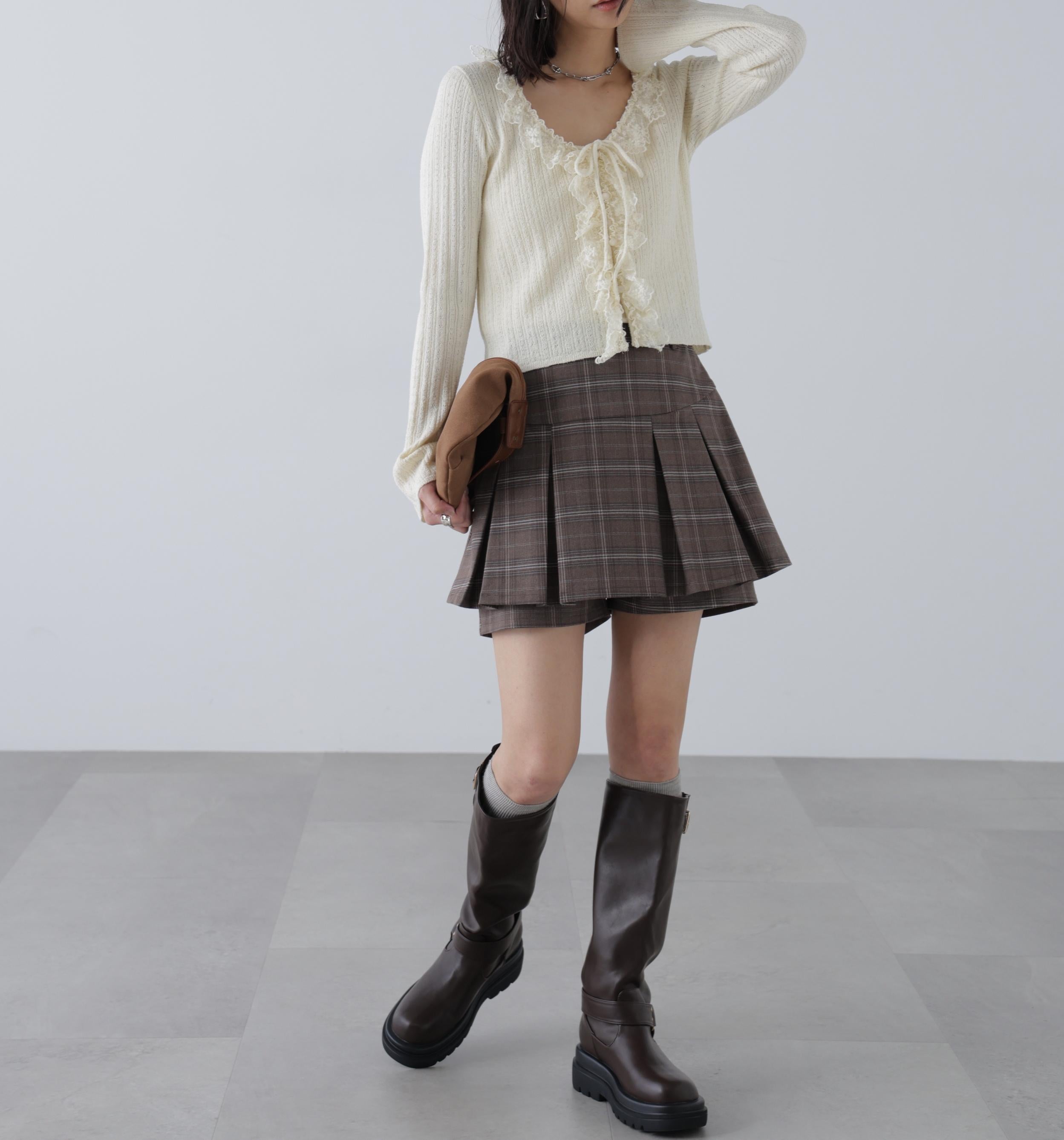 プリーツショートパンツ ブラウンチェック1
