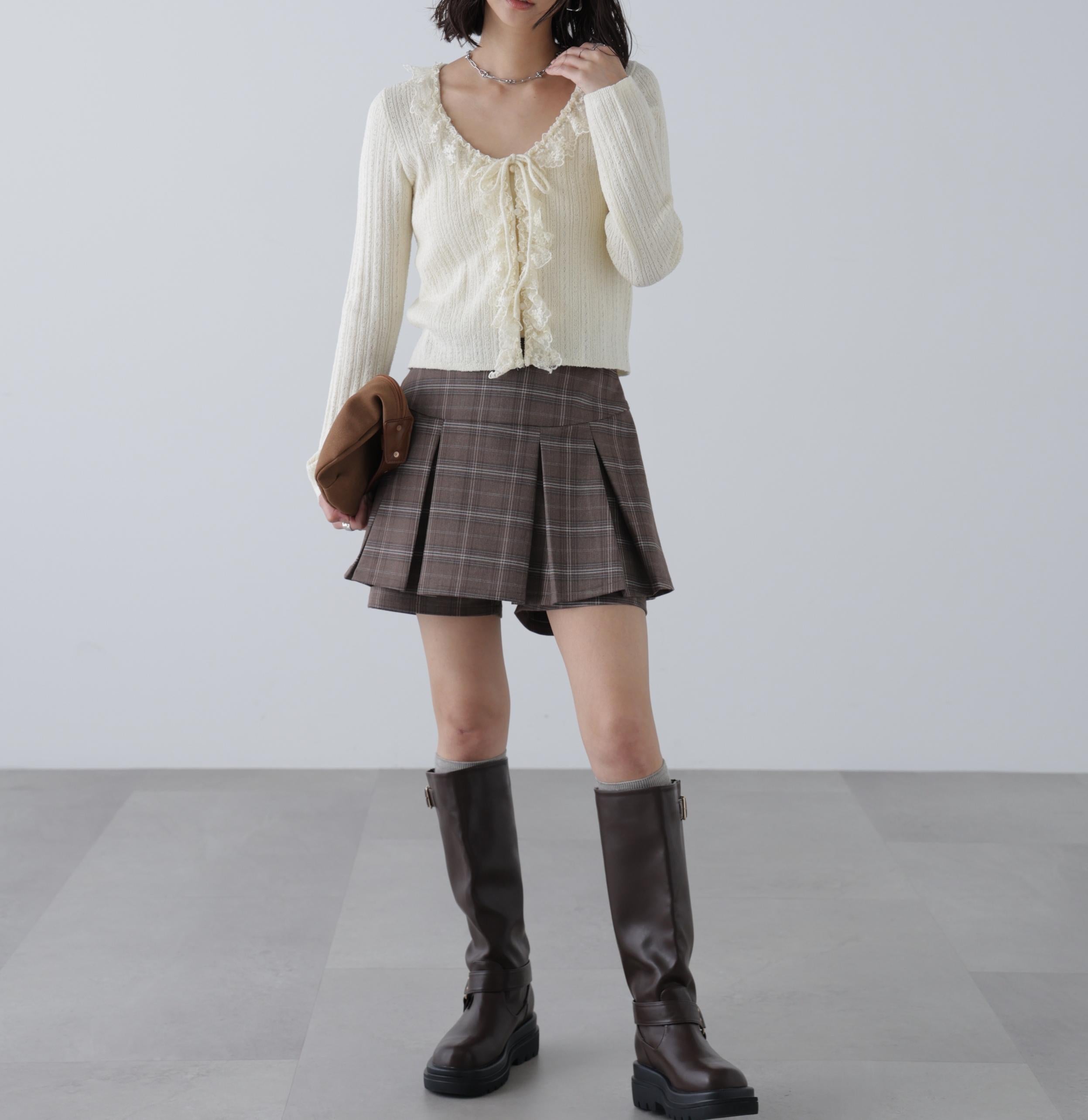 プリーツショートパンツ ブラウンチェック1