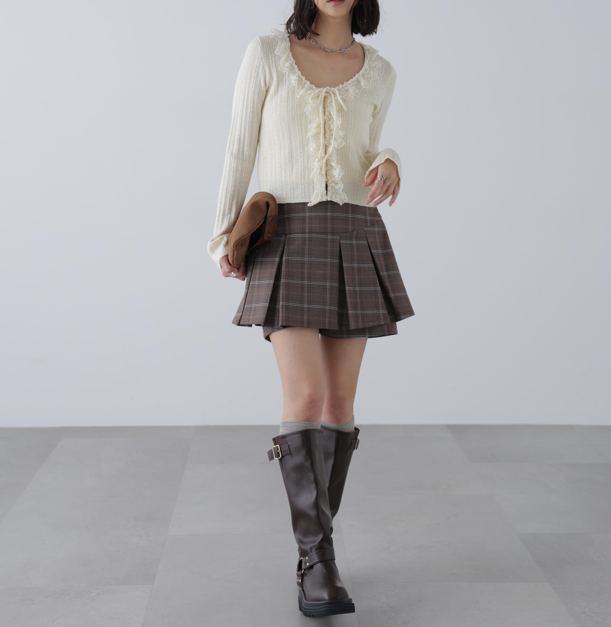プリーツショートパンツ ブラウンチェック1