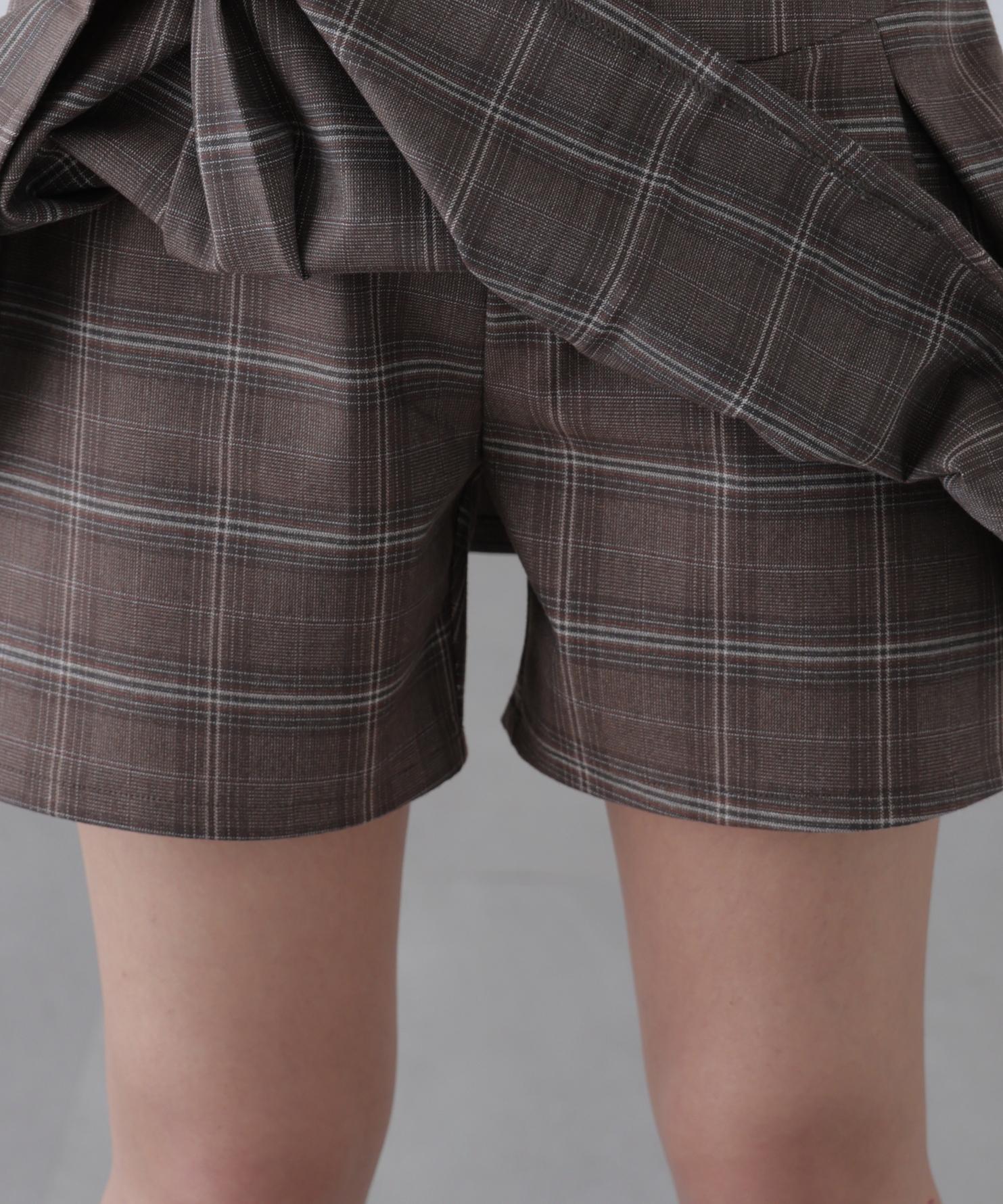 プリーツショートパンツ ブラウンチェック1