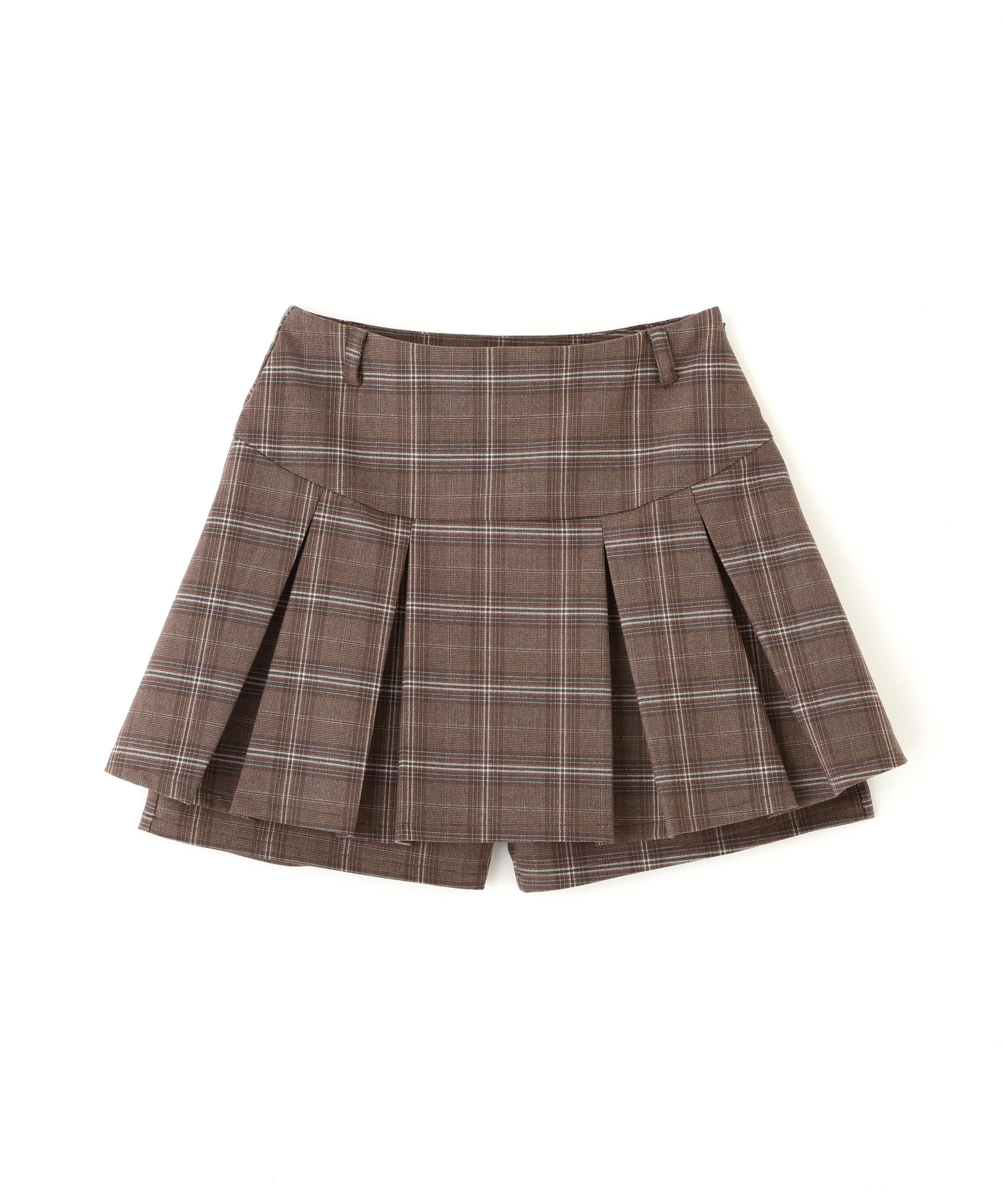 プリーツショートパンツ ブラウンチェック1