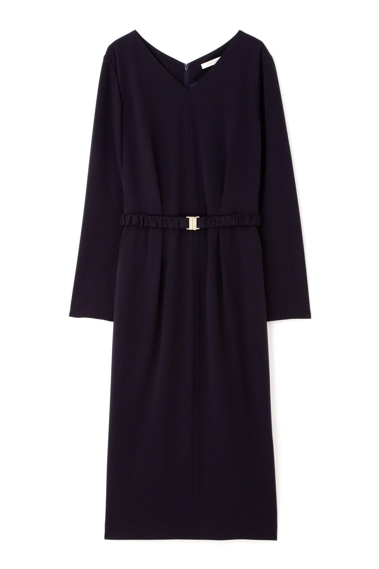 ◆シャーリングベルトＶネックワンピース ネイビー