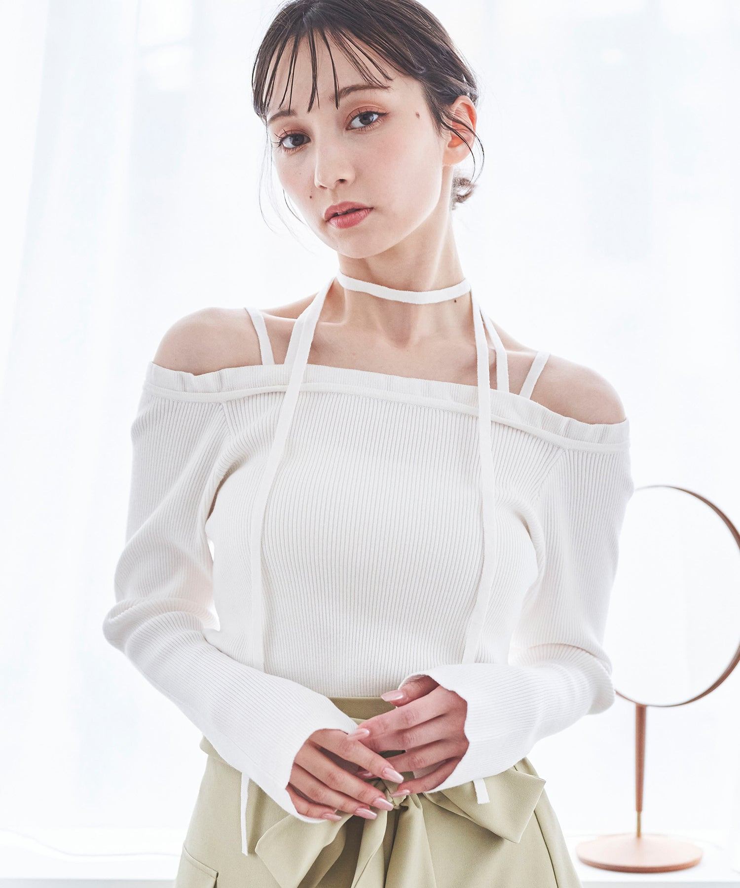 トランテアン ソン ドゥ モード 31 Sons de mode フリルネックチョーカーリブニット （オフホワイト） OFF-WHITE