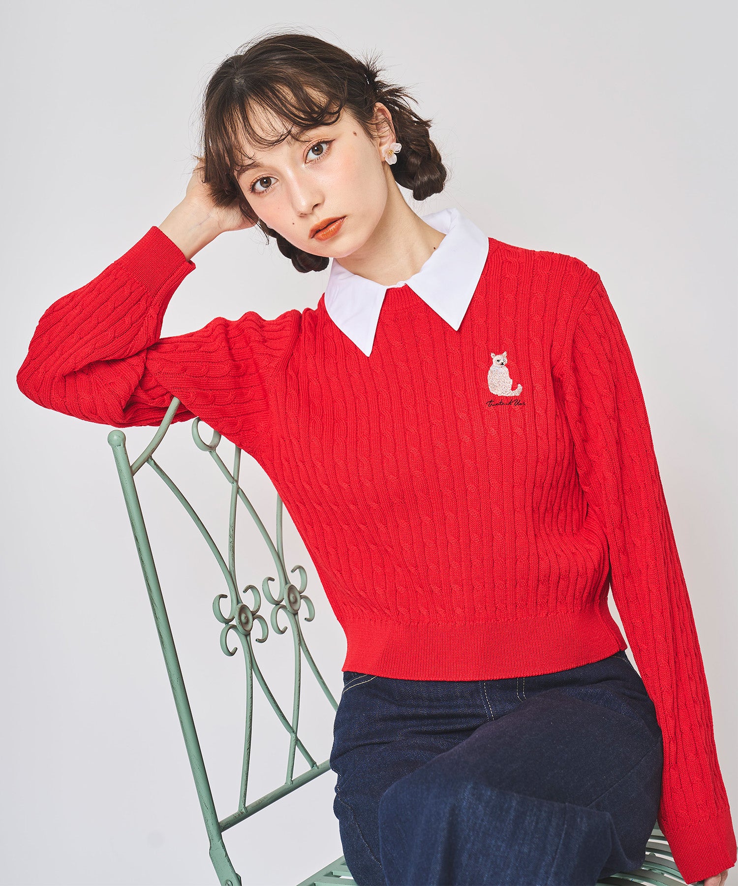31 Sons de mode 31 Sons de mode Cat Embroidered Collared Cable Knit