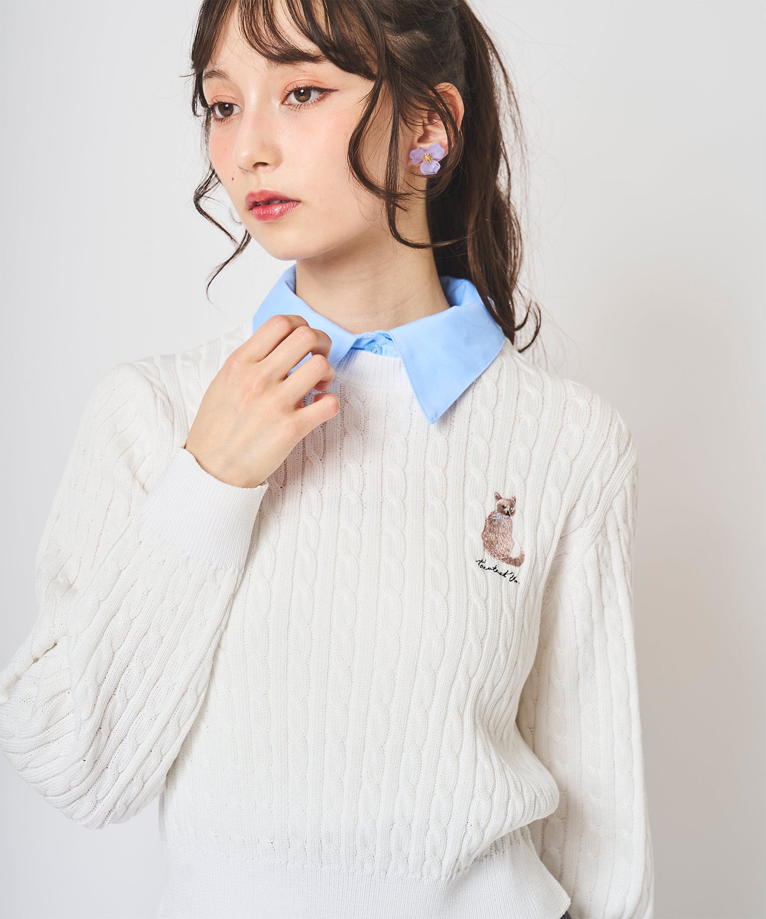 31 Sons de mode 31 Sons de mode Cat Embroidered Collared Cable Knit