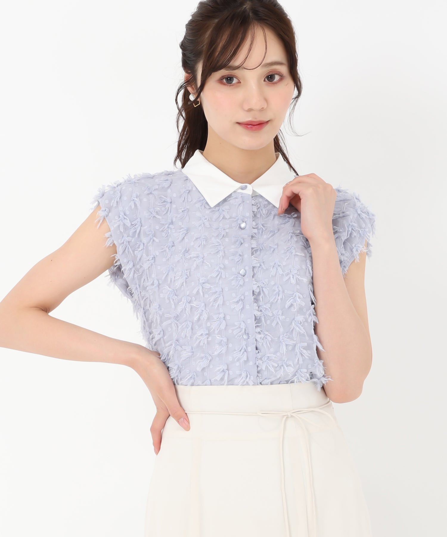 トランテアン ソン ドゥ モード 31 Sons de mode 2025春夏新作 襟付きフリンジリボンチュールブラウス （BLUE） BLUE
