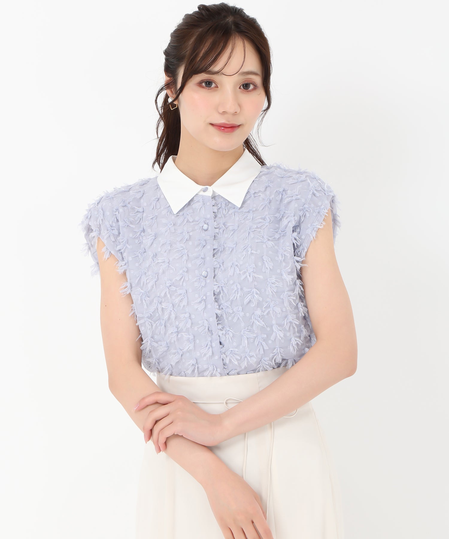 トランテアン ソン ドゥ モード 31 Sons de mode 2025春夏新作 襟付きフリンジリボンチュールブラウス （BLUE） BLUE
