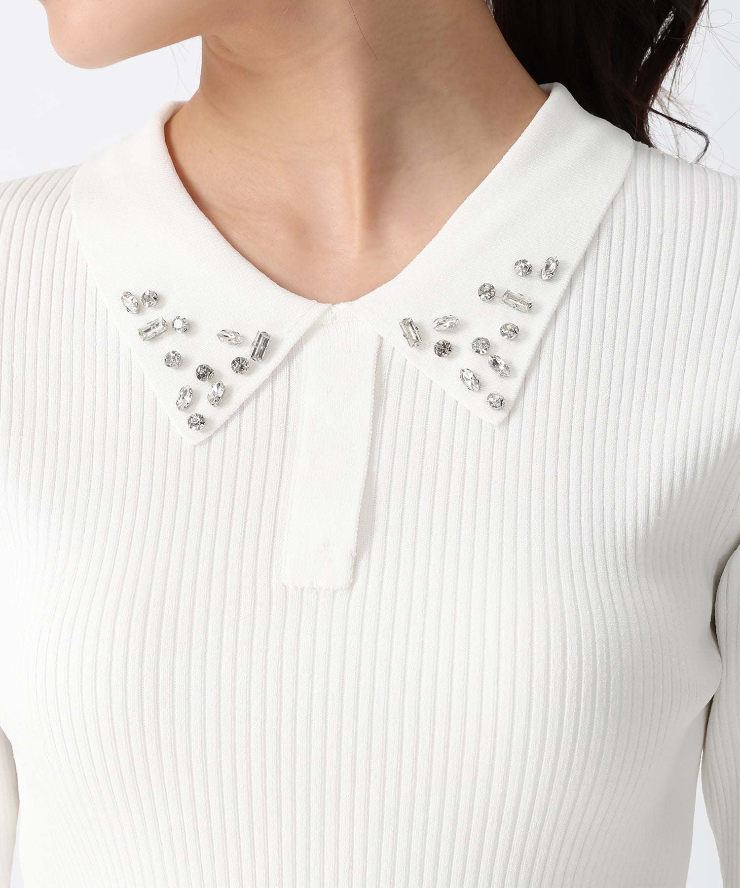 トランテアン ソン ドゥ モード 31 Sons de mode 2025秋冬新作 襟ビジュー付ポロニット （OFF-WHITE） OFF-WHITE