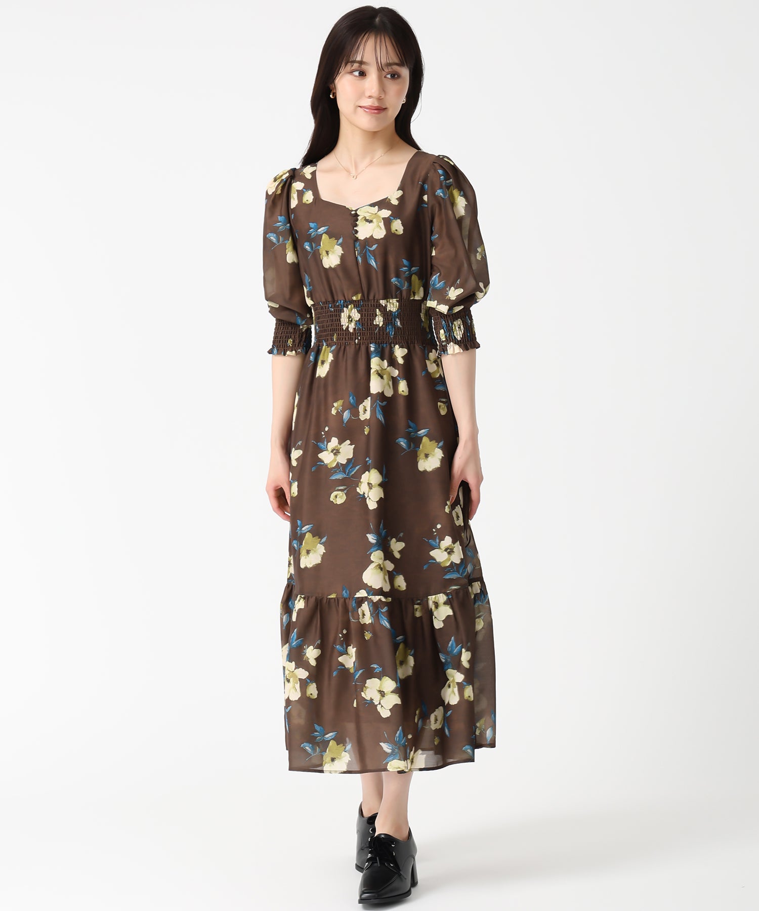トランテアン ソン ドゥ モード 31 Sons de mode 2025秋冬新作 Vネックギャザーフラワーワンピース TT537407 （BROWN） BROWN