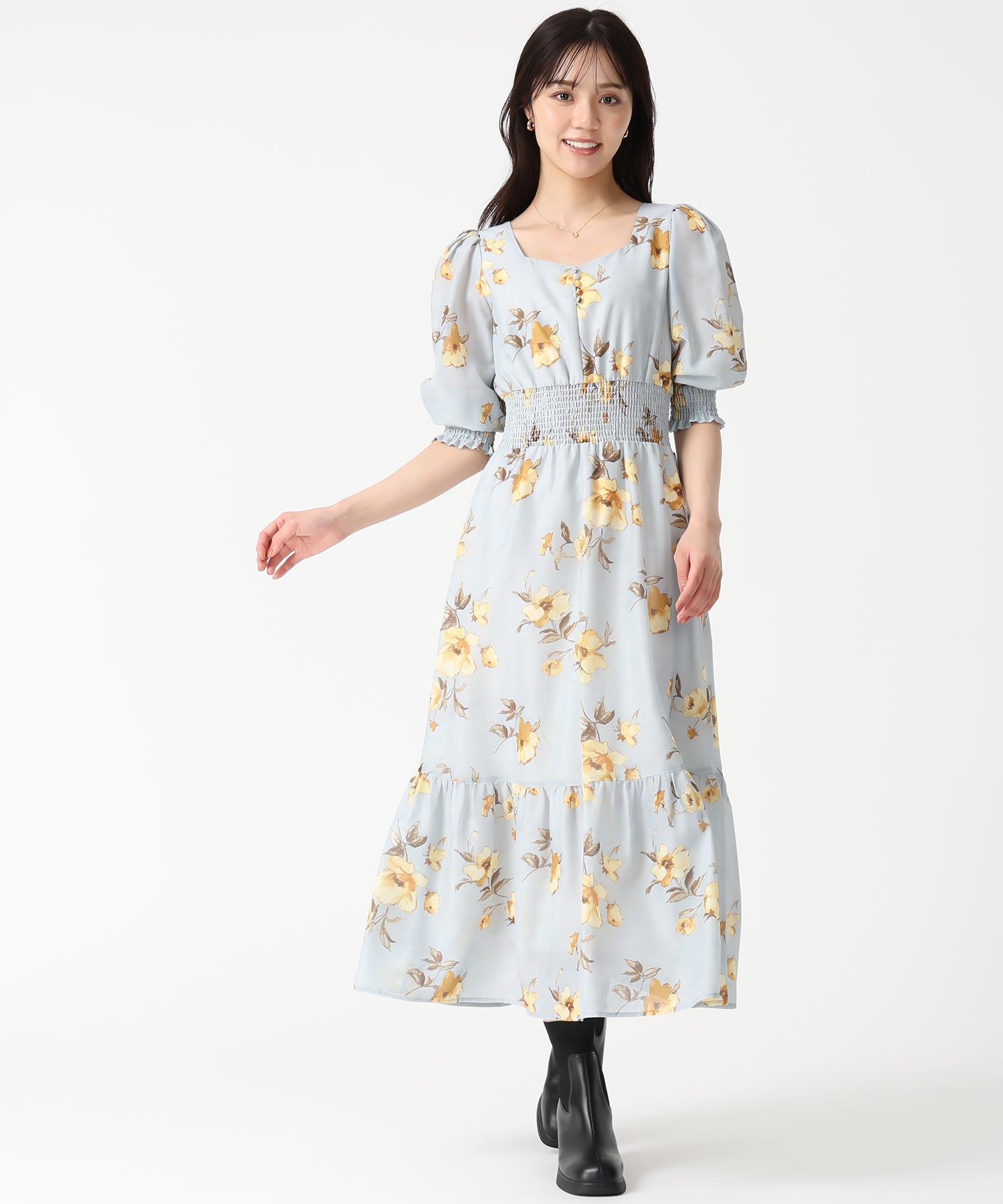 トランテアン ソン ドゥ モード 31 Sons de mode 2025秋冬新作 Vネックギャザーフラワーワンピース TT537407 （L.BLUE） L.BLUE