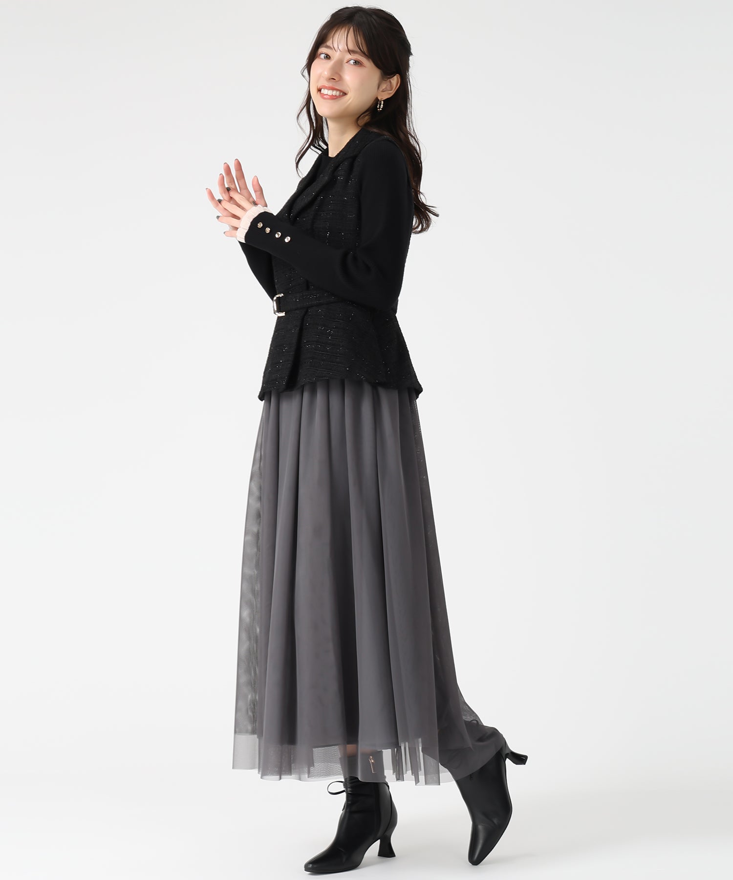 トランテアン ソン ドゥ モード 31 Sons de mode 2025秋冬新作 ツイードジレワンピース TT537412 （BLACK） BLACK