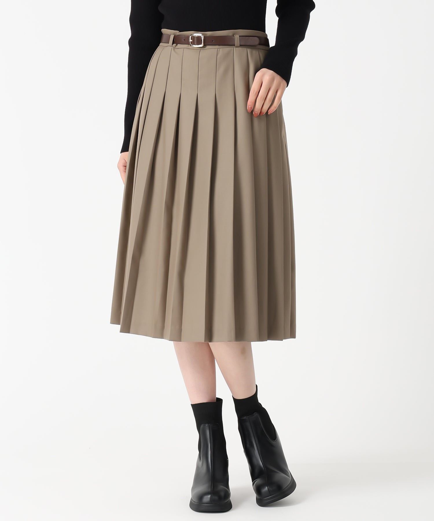 トランテアン ソン ドゥ モード 31 Sons de mode 2025秋冬新作 ベルト付きミディプリーツスカート TT537210 （BEIGE） BEIGE