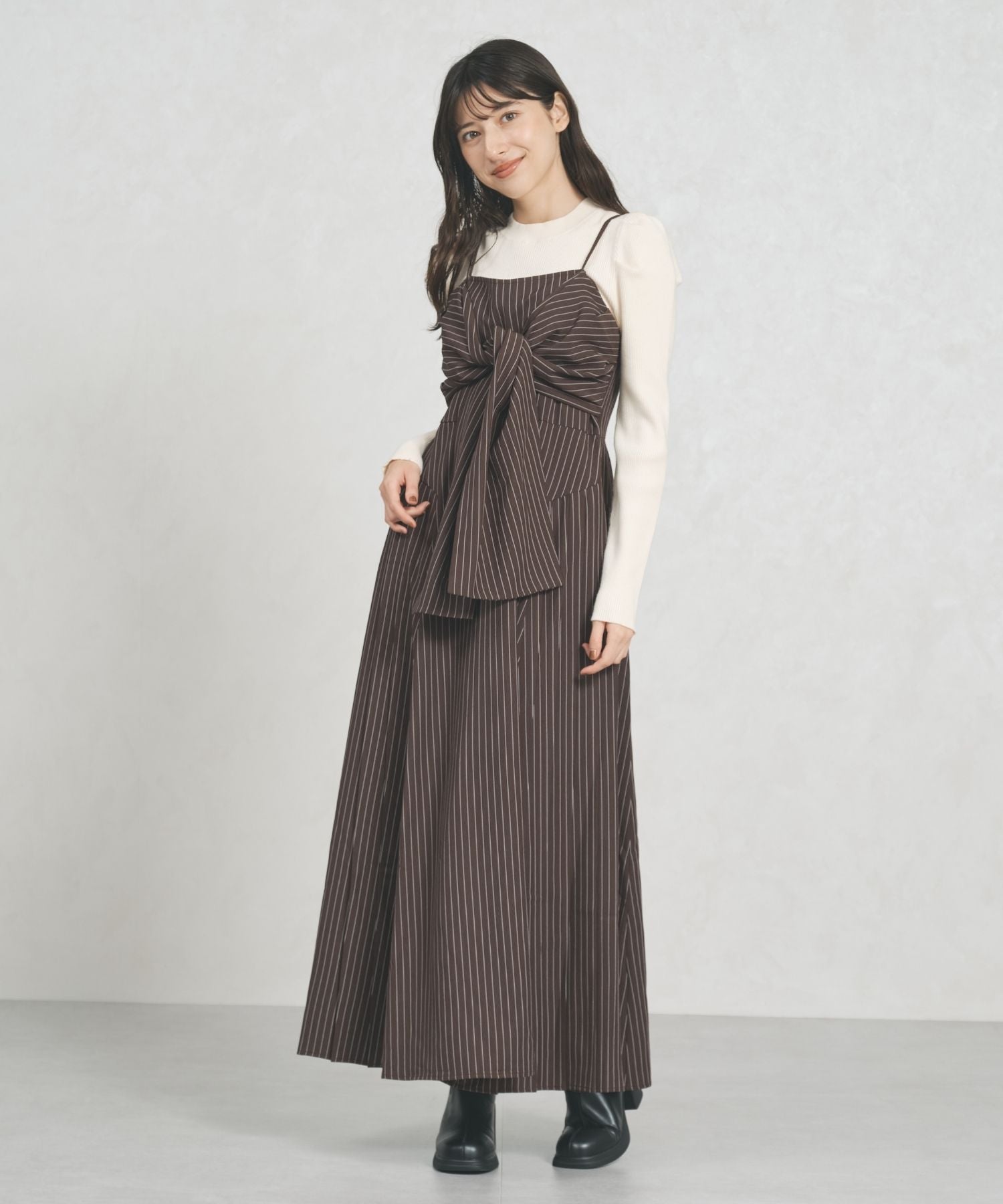 トランテアン ソン ドゥ モード 31 Sons de mode 2025秋冬新作 ストライプリボンキャミワンピース TT557402 （BROWN） BROWN