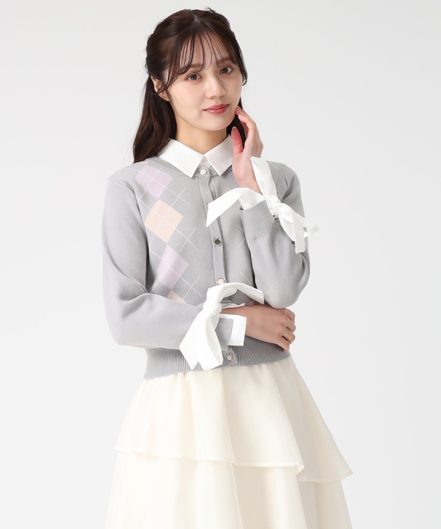 トランテアン ソン ドゥ モード 31 Sons de mode 2025秋冬新作 レイヤード襟アーガイルカーディガン TT538406 （GREY） GREY