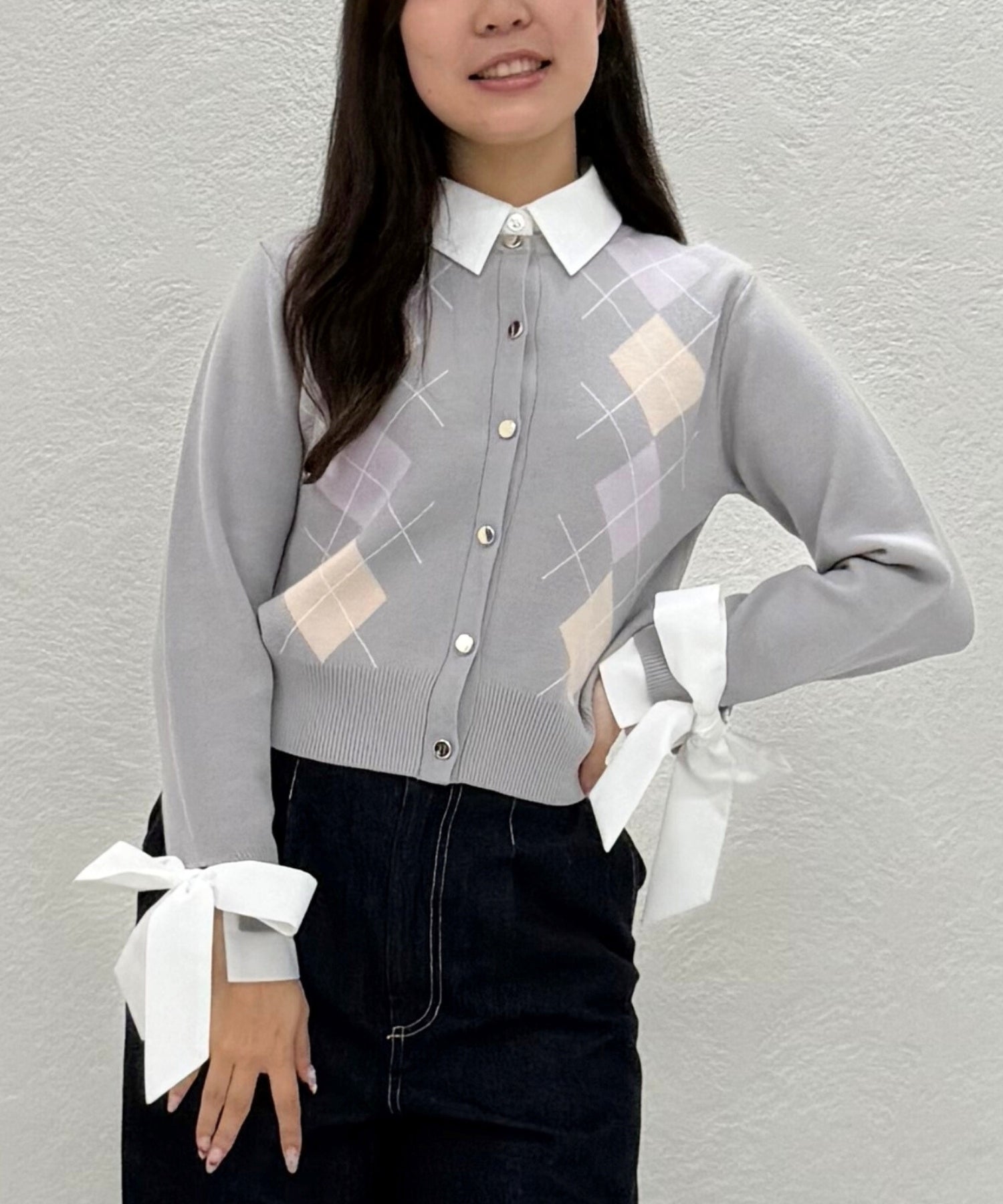 トランテアン ソン ドゥ モード 31 Sons de mode 2025秋冬新作 レイヤード襟アーガイルカーディガン TT538406 （GREY） GREY