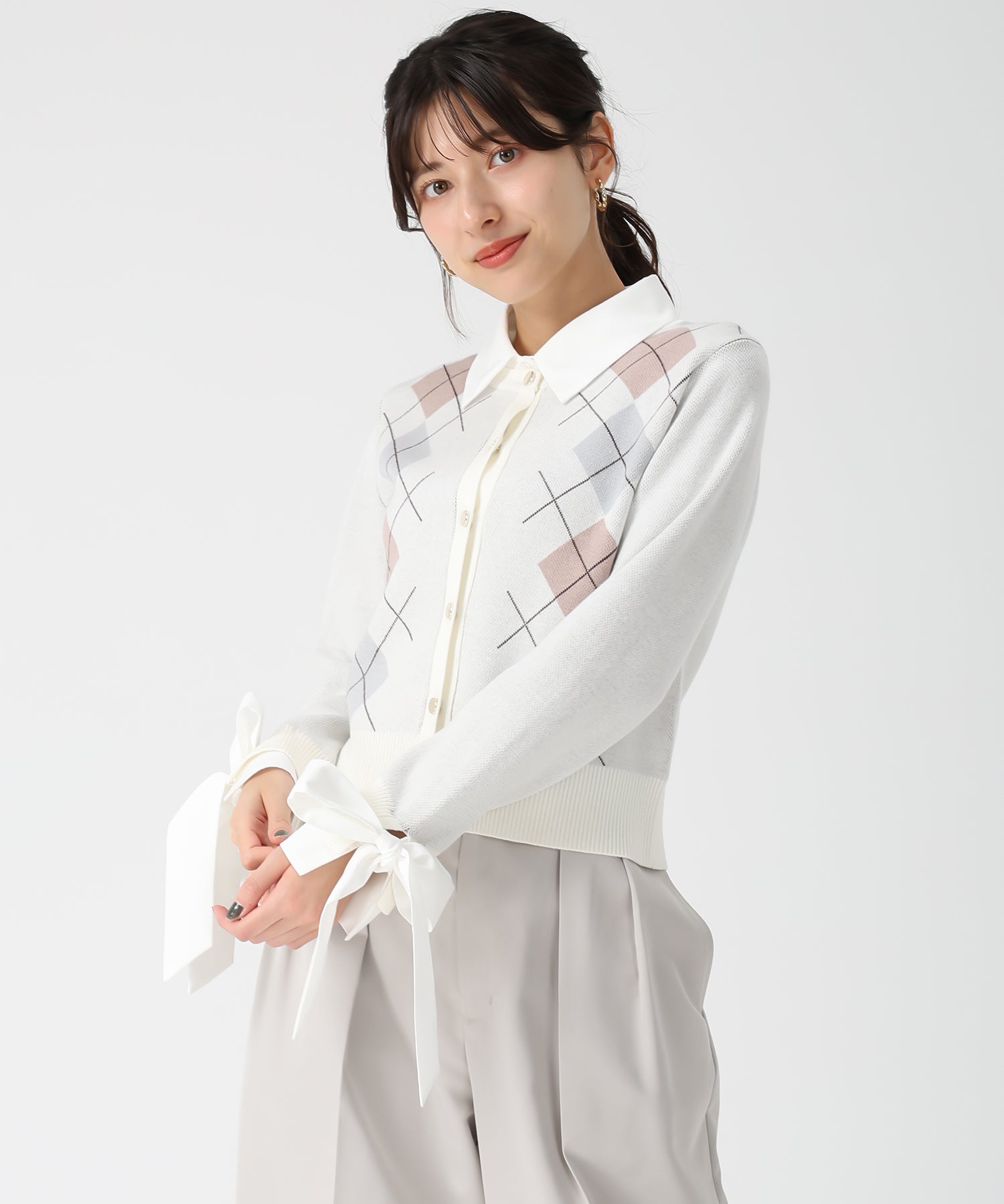 トランテアン ソン ドゥ モード 31 Sons de mode 2025秋冬新作 レイヤード襟アーガイルカーディガン TT538406 （IVORY） IVORY