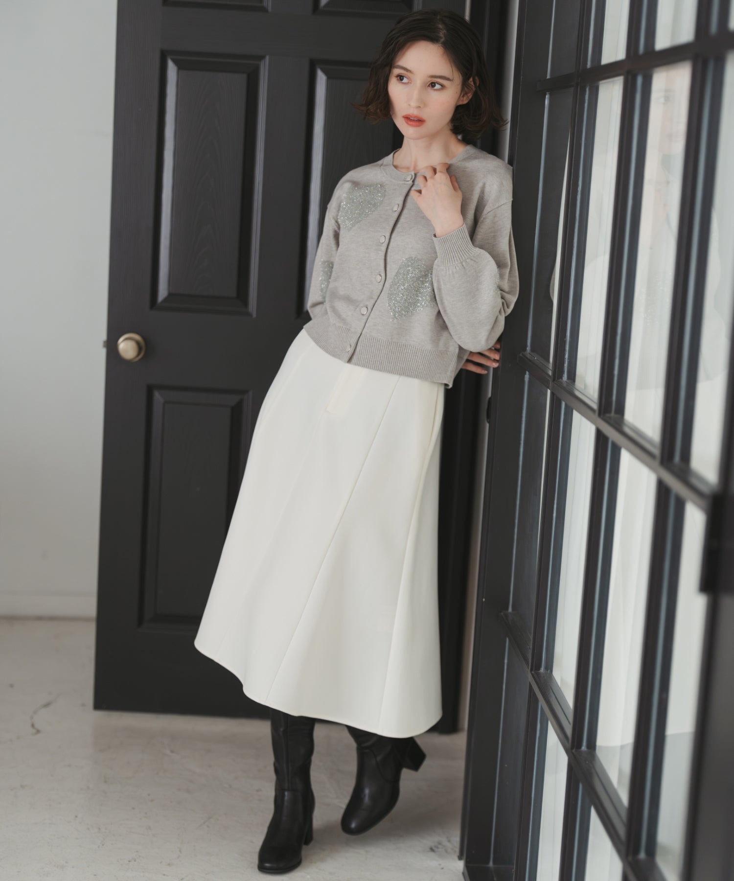 トランテアン ソン ドゥ モード 31 Sons de mode 2025秋冬新作 ベルト付きミディフレアスカート TT547209 （OFF-WHITE） OFF-WHITE