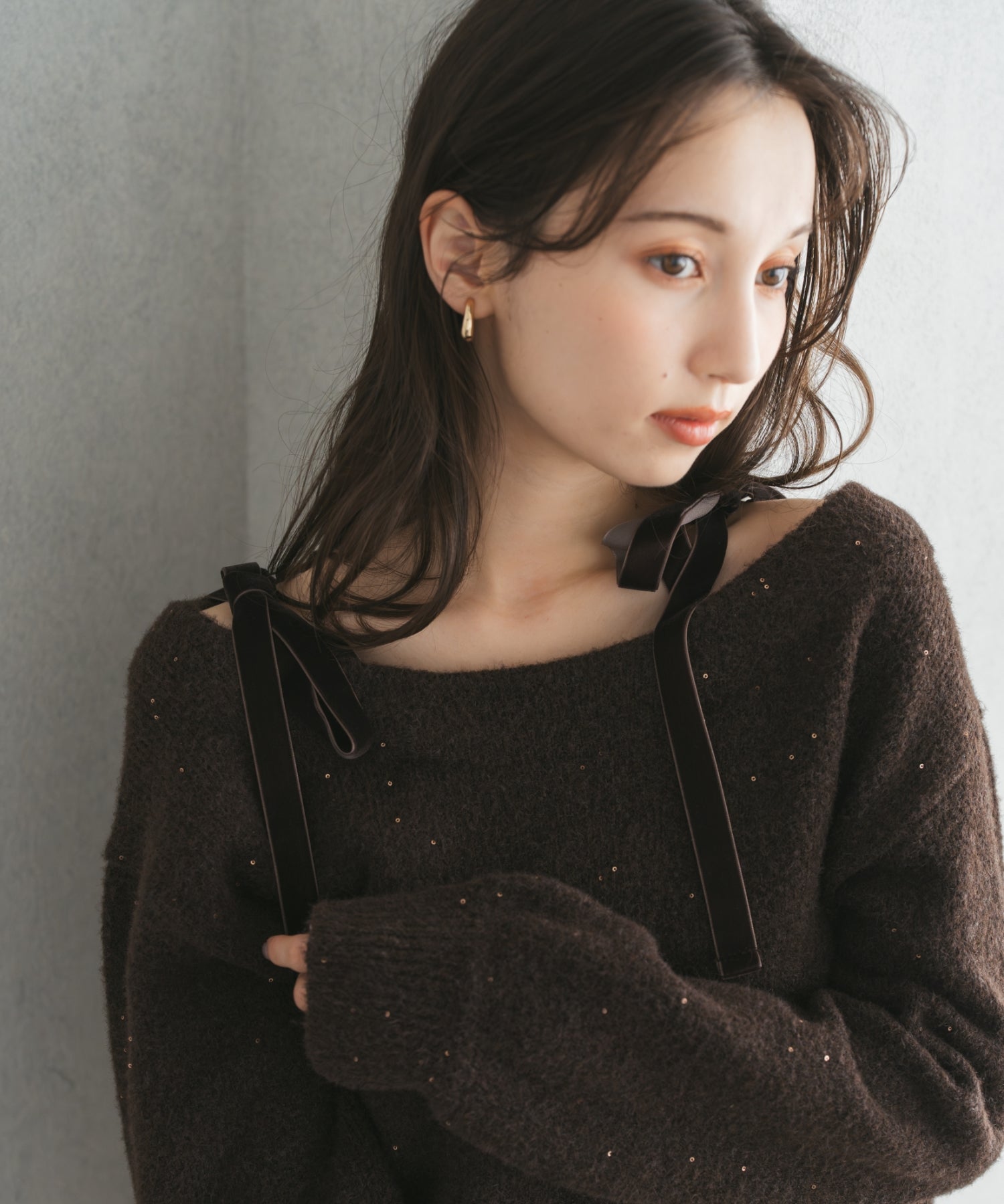 トランテアン ソン ドゥ モード 31 Sons de mode 2025秋冬新作 ベロア肩リボンふわふわニット TT548318 （BROWN） BROWN