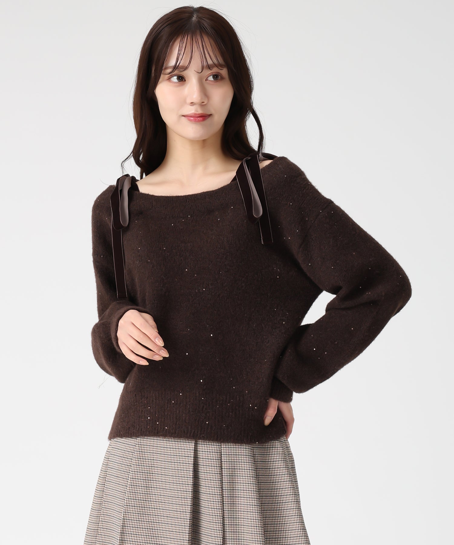 トランテアン ソン ドゥ モード 31 Sons de mode 2025秋冬新作 ベロア肩リボンふわふわニット TT548318 （BROWN） BROWN