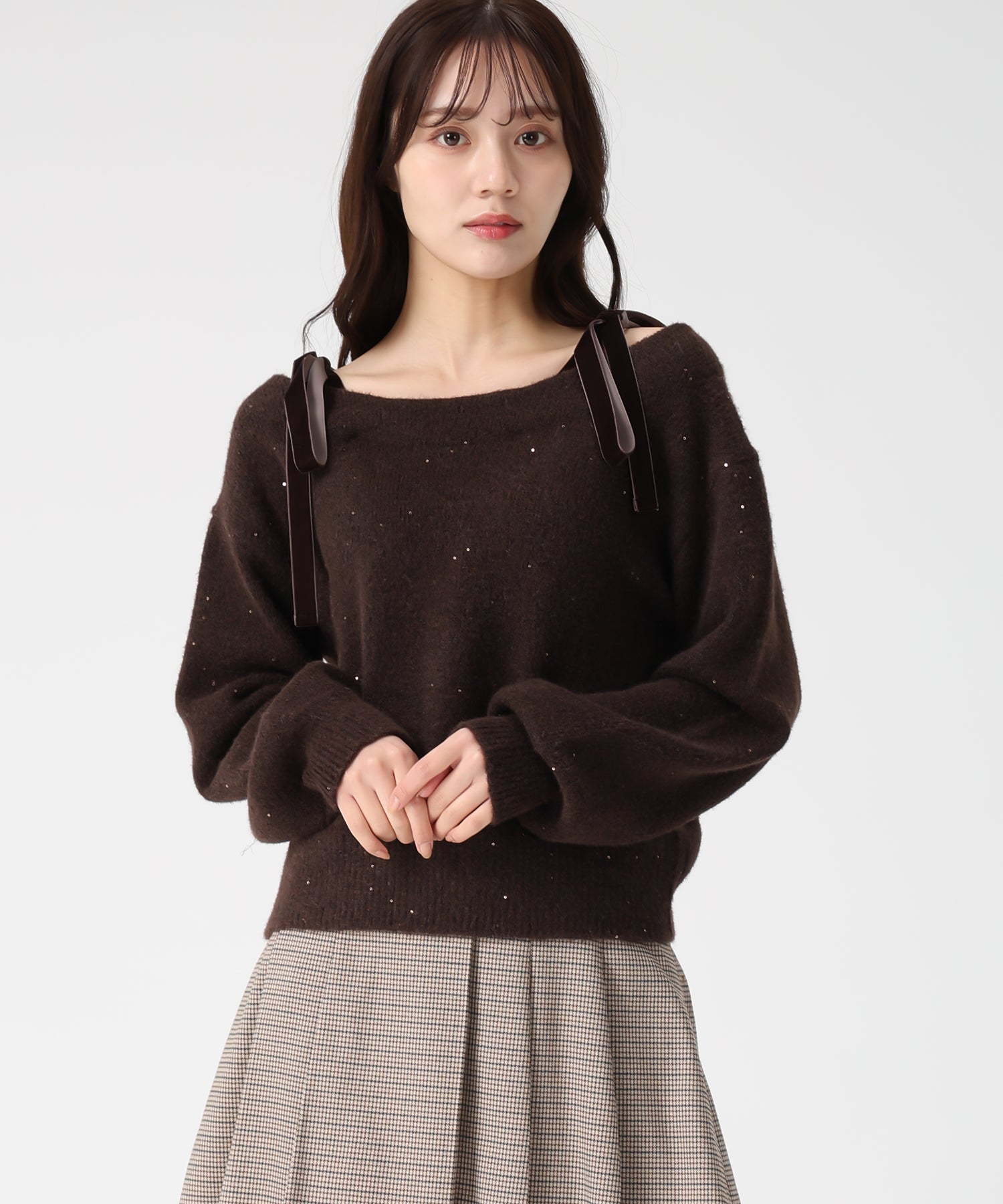 トランテアン ソン ドゥ モード 31 Sons de mode 2025秋冬新作 ベロア肩リボンふわふわニット TT548318 （BROWN） BROWN