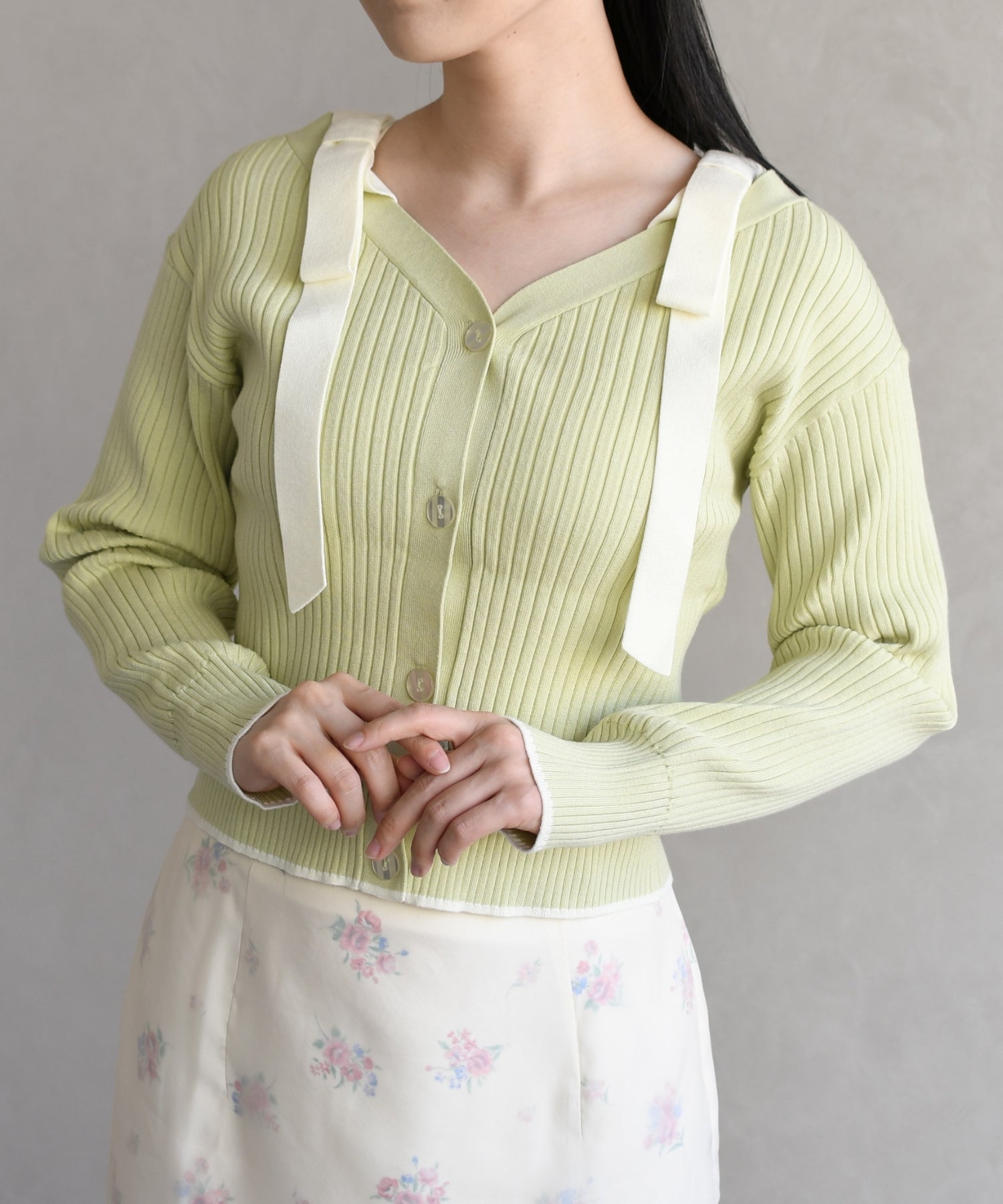 トランテアン ソン ドゥ モード 31 Sons de mode 2026春夏新作 肩リボン配色ニット TT618307 （L.GREEN） L.GREEN