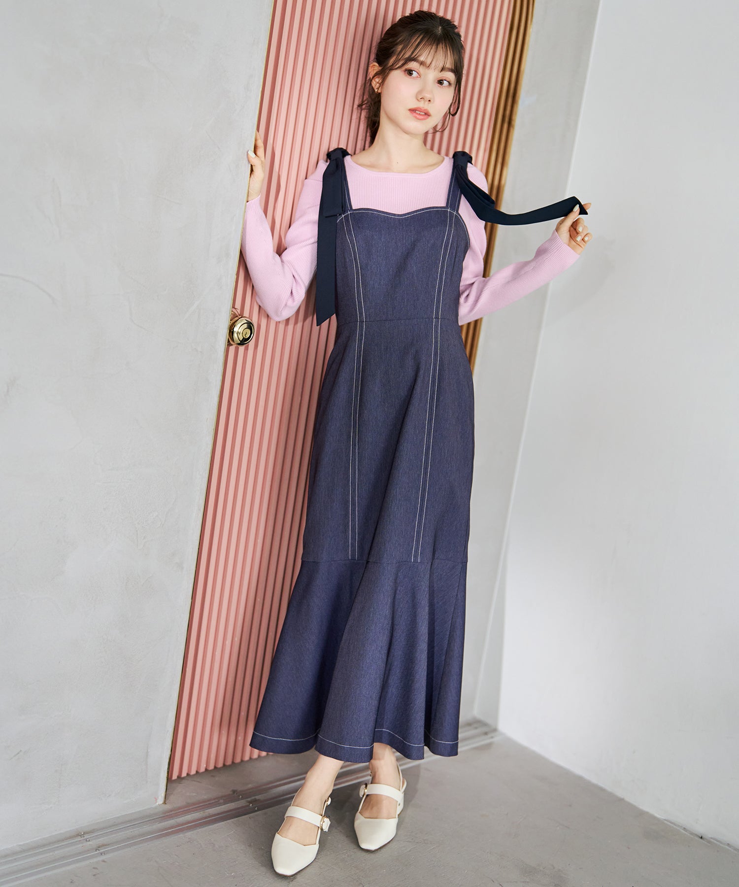 トランテアン ソン ドゥ モード 31 Sons de mode 2026春夏新作  肩リボンデニムライクジャンスカTT617405 （INDIGO） INDIGO