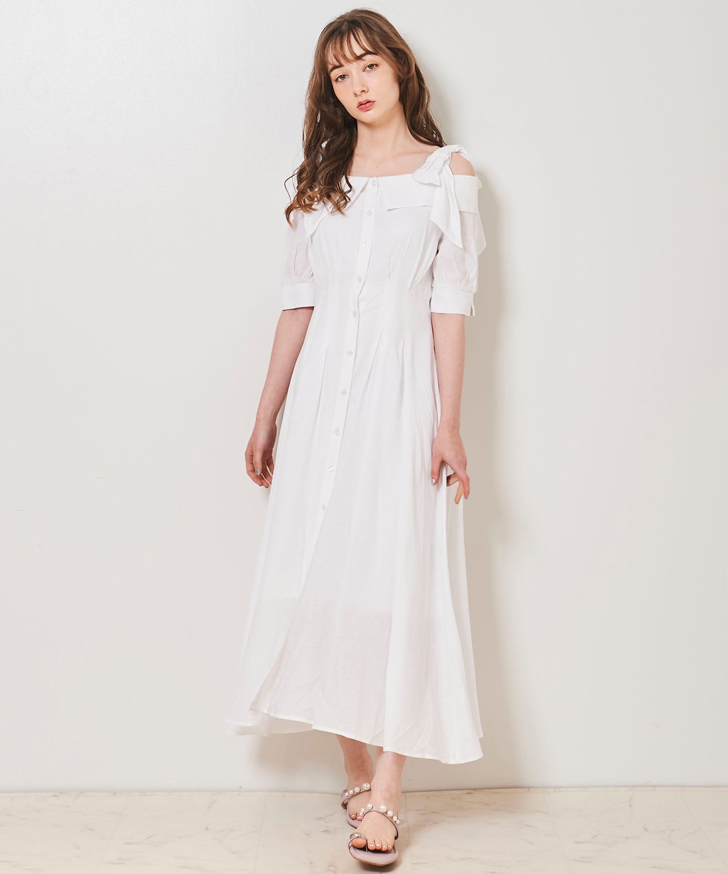 トランテアン ソン ドゥ モード 31 Sons de mode リボンオフショルシャツワンピース （オフホワイト） OFF-WHITE