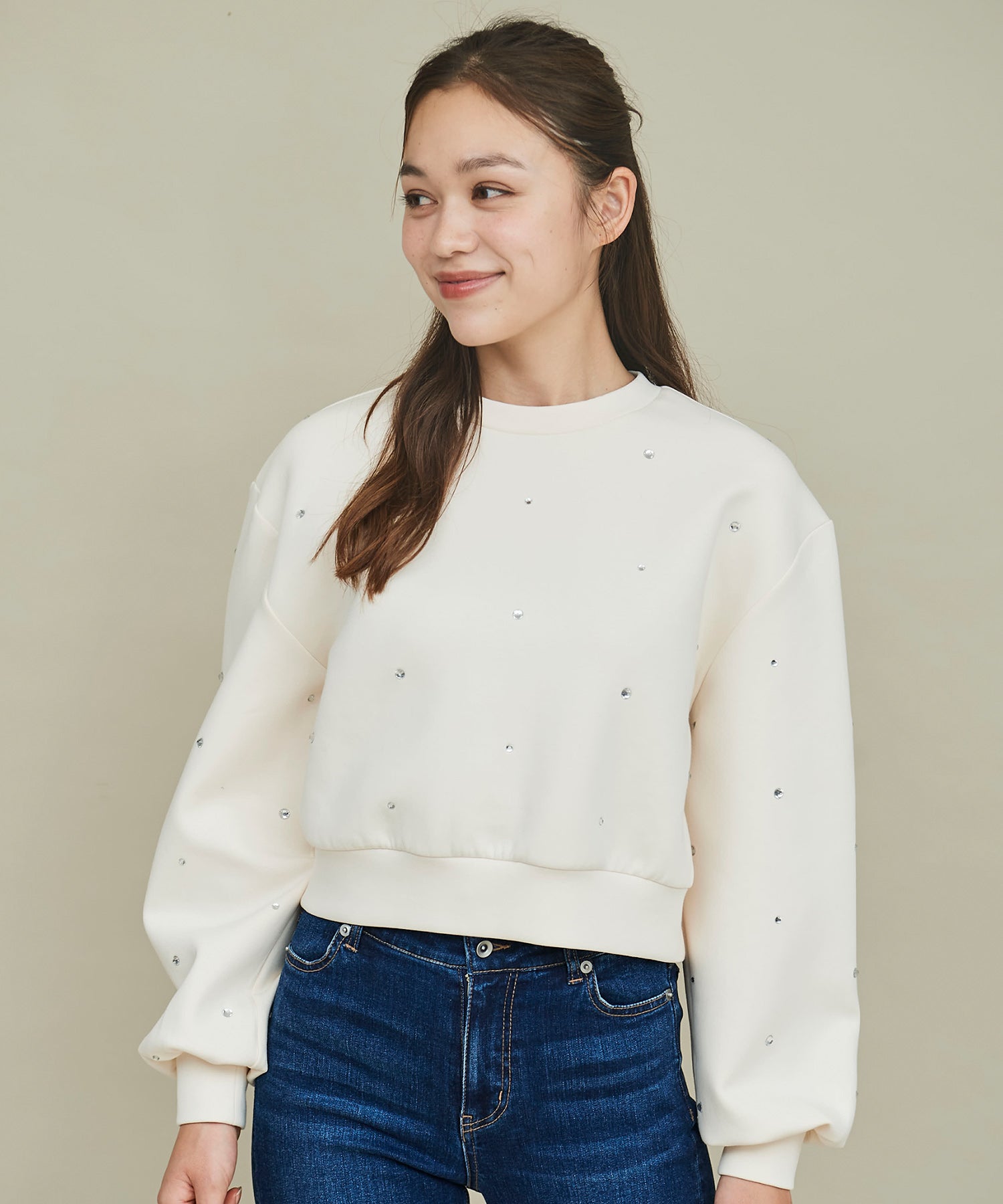 トランテアン ソン ドゥ モード 31 Sons de mode ビジュー付きダンボールスウェット （オフホワイト） オフホワイト