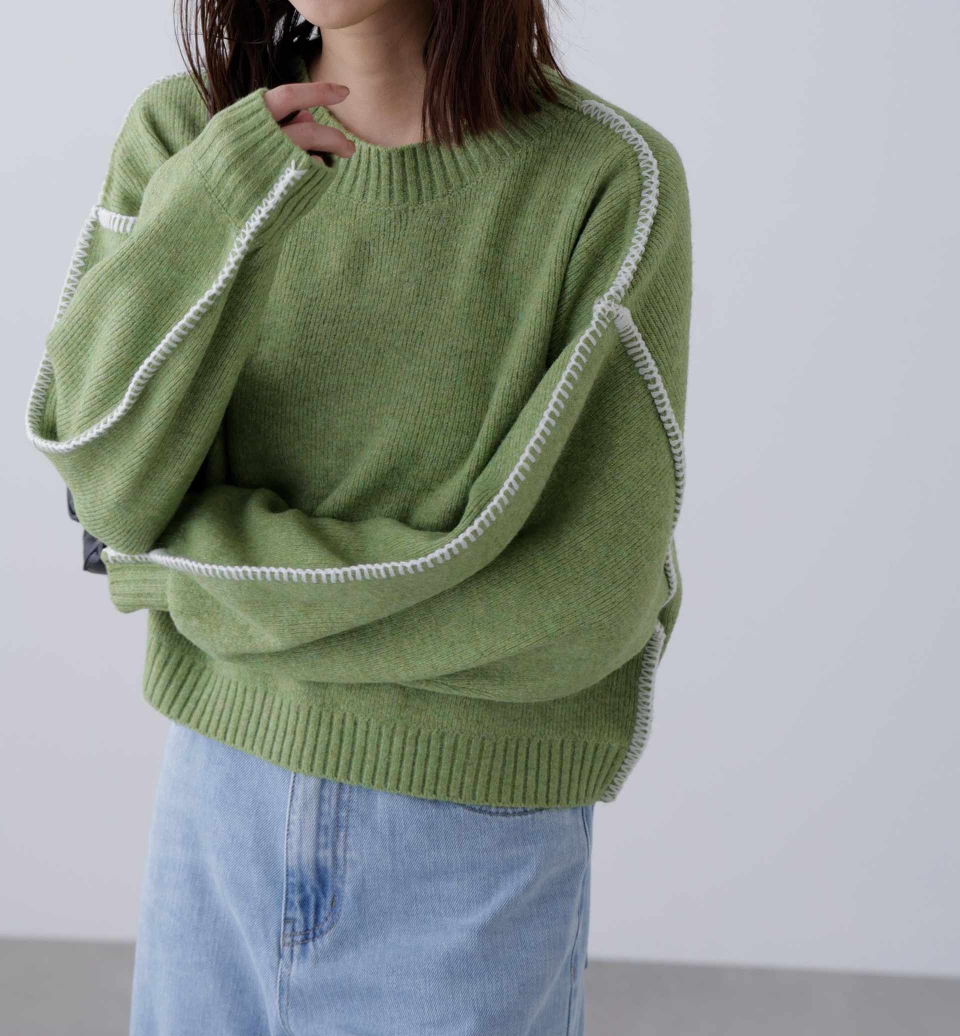 杢ストレッチ総針配色ステッチニット グリーン