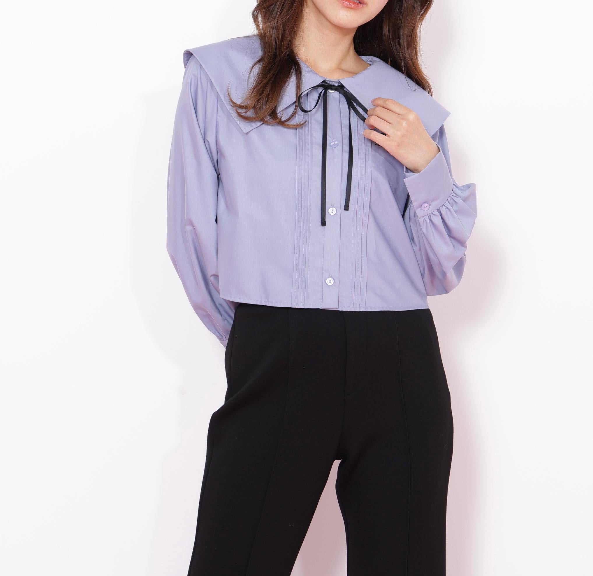 ビッグカラー短丈ブラウス ブルー